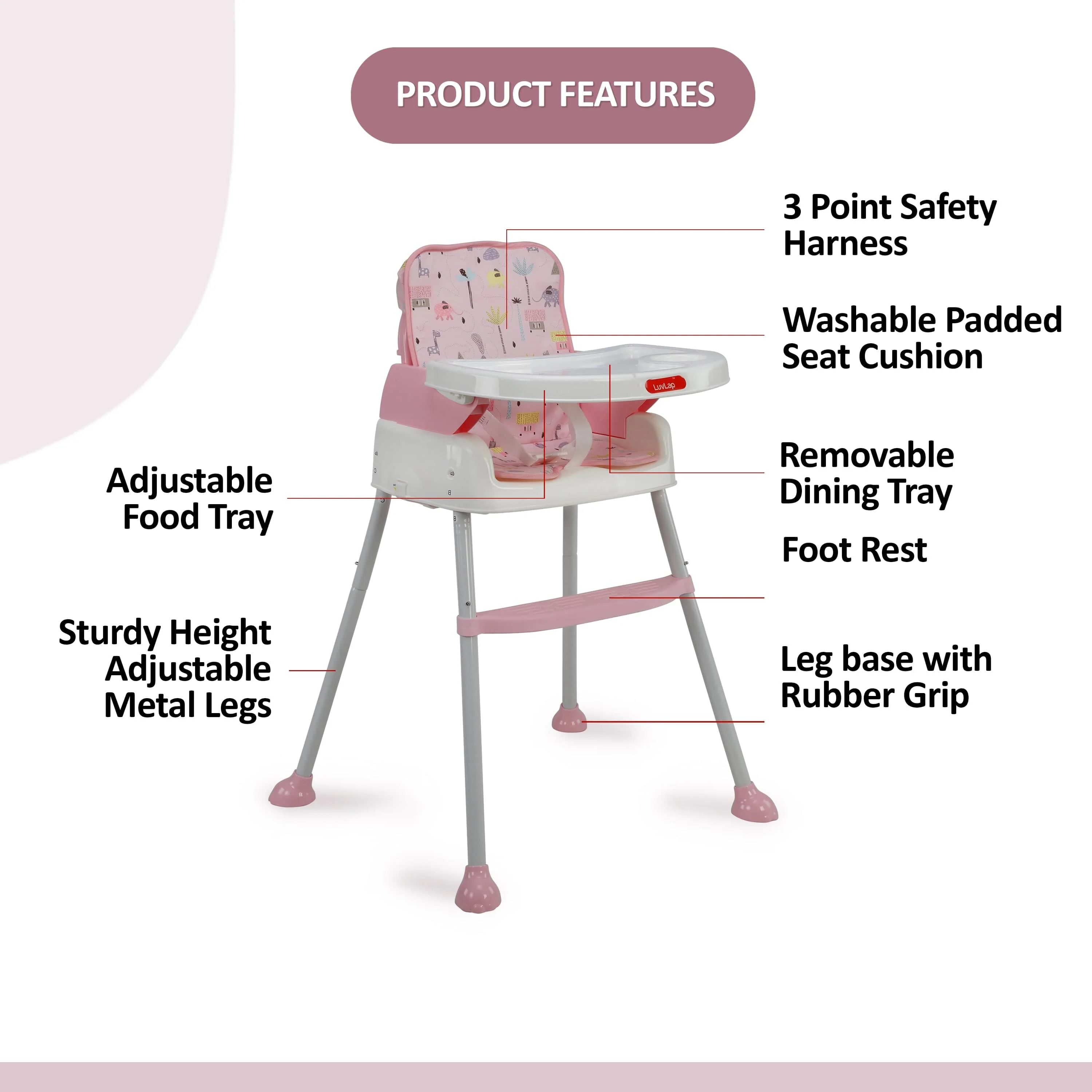High Chair for Baby/Kids, Toddler Feeding Booster Seat with Wheels, 3 Height adjustments, With Cushion, 6 month to 3 years, Portable (Pink) - Image 3