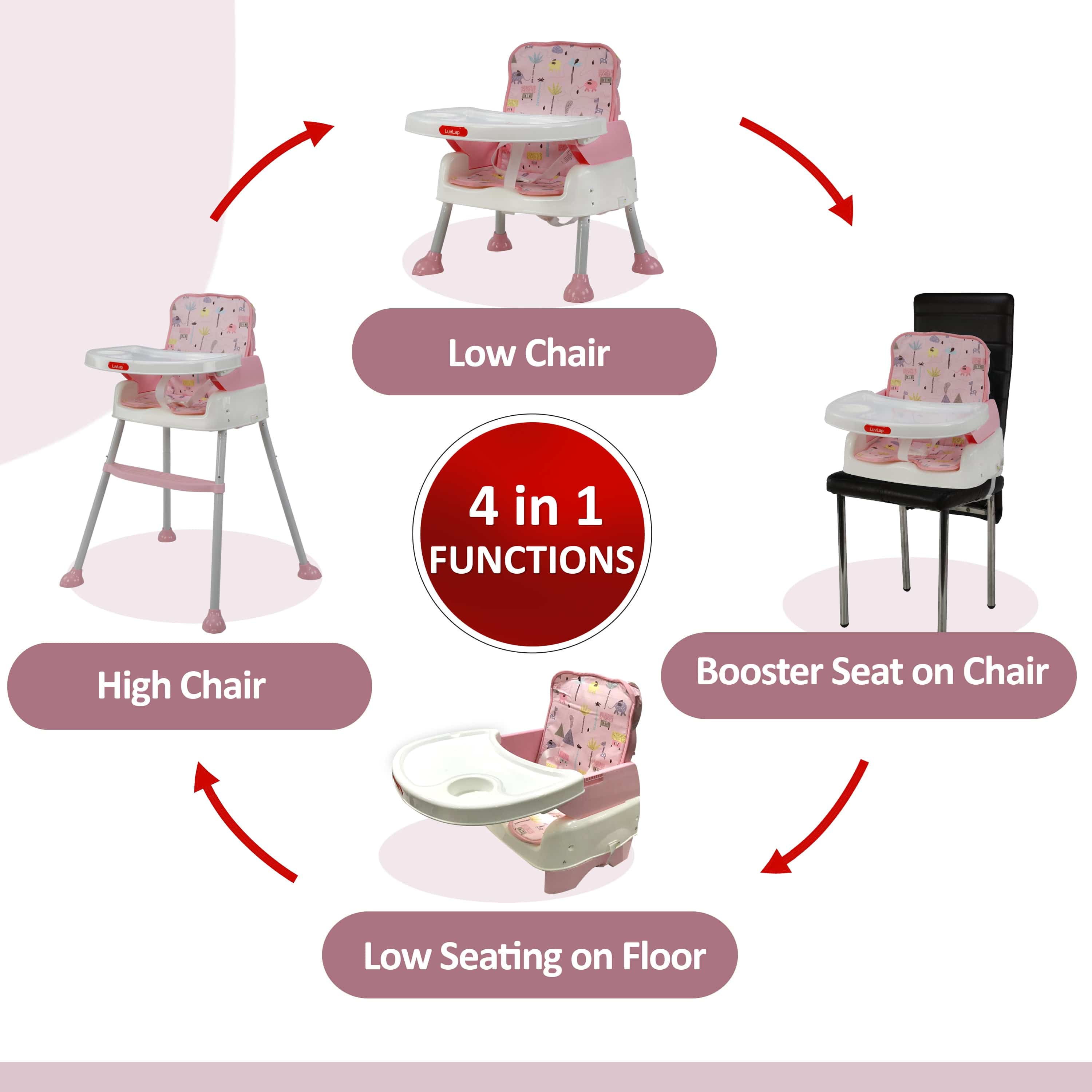 High Chair for Baby/Kids, Toddler Feeding Booster Seat with Wheels, 3 Height adjustments, With Cushion, 6 month to 3 years, Portable (Pink) - Image 4