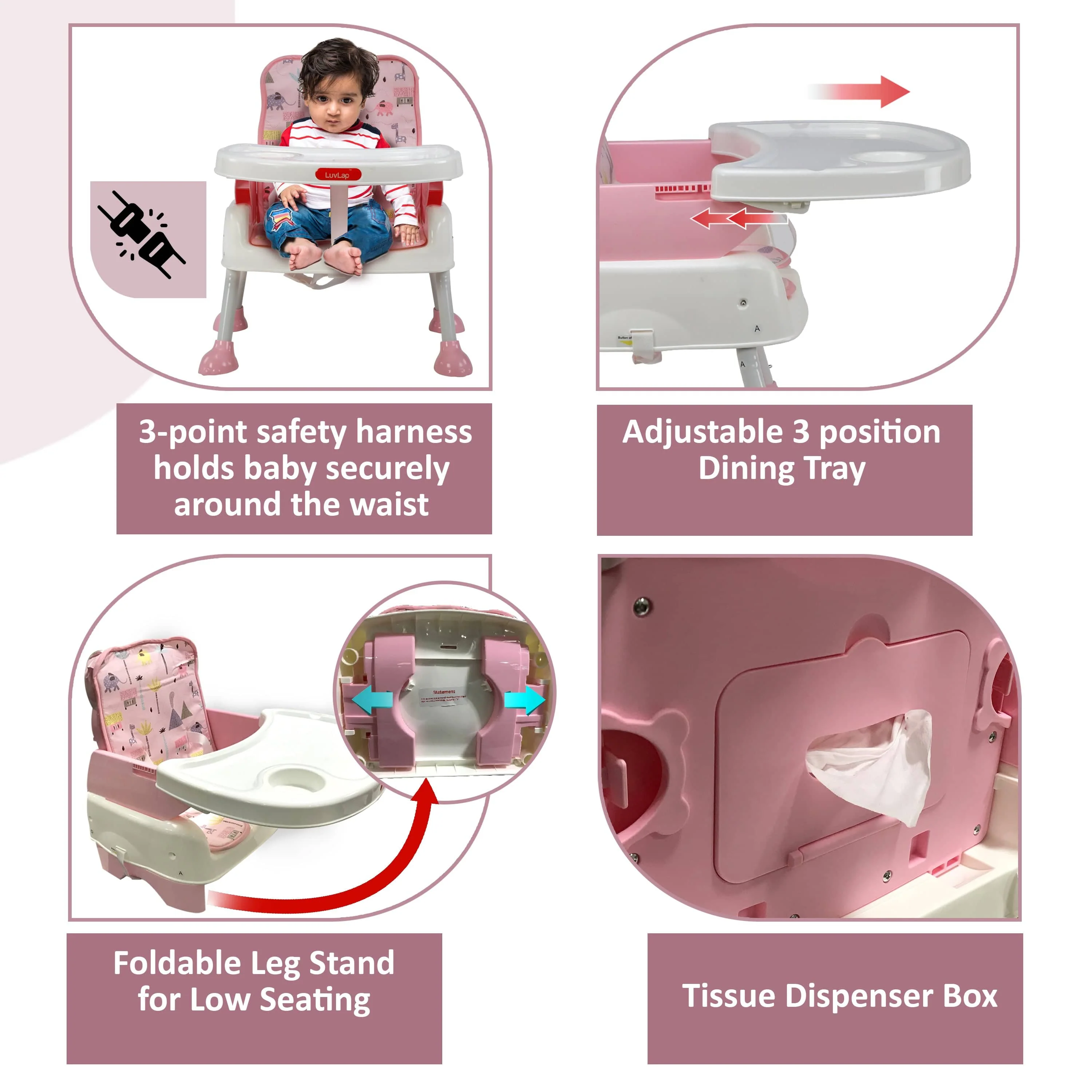 High Chair for Baby/Kids, Toddler Feeding Booster Seat with Wheels, 3 Height adjustments, With Cushion, 6 month to 3 years, Portable (Pink) - Image 5