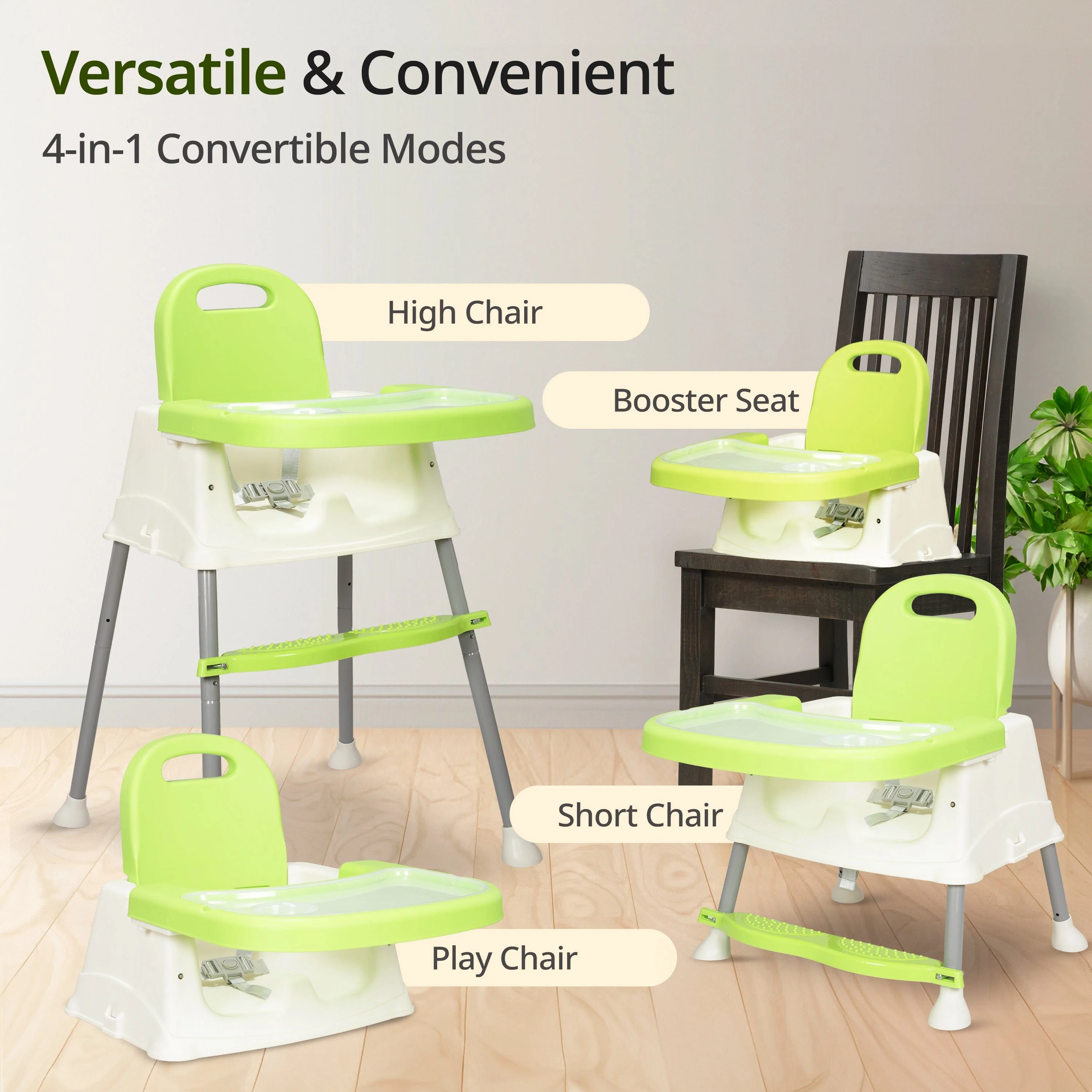 4 in 1 Convertible Baby High Chair with footrest, Convertible to High Chair, Low Chair, & Booster Seat, Essential for Baby Feeding (Green) - Image 7