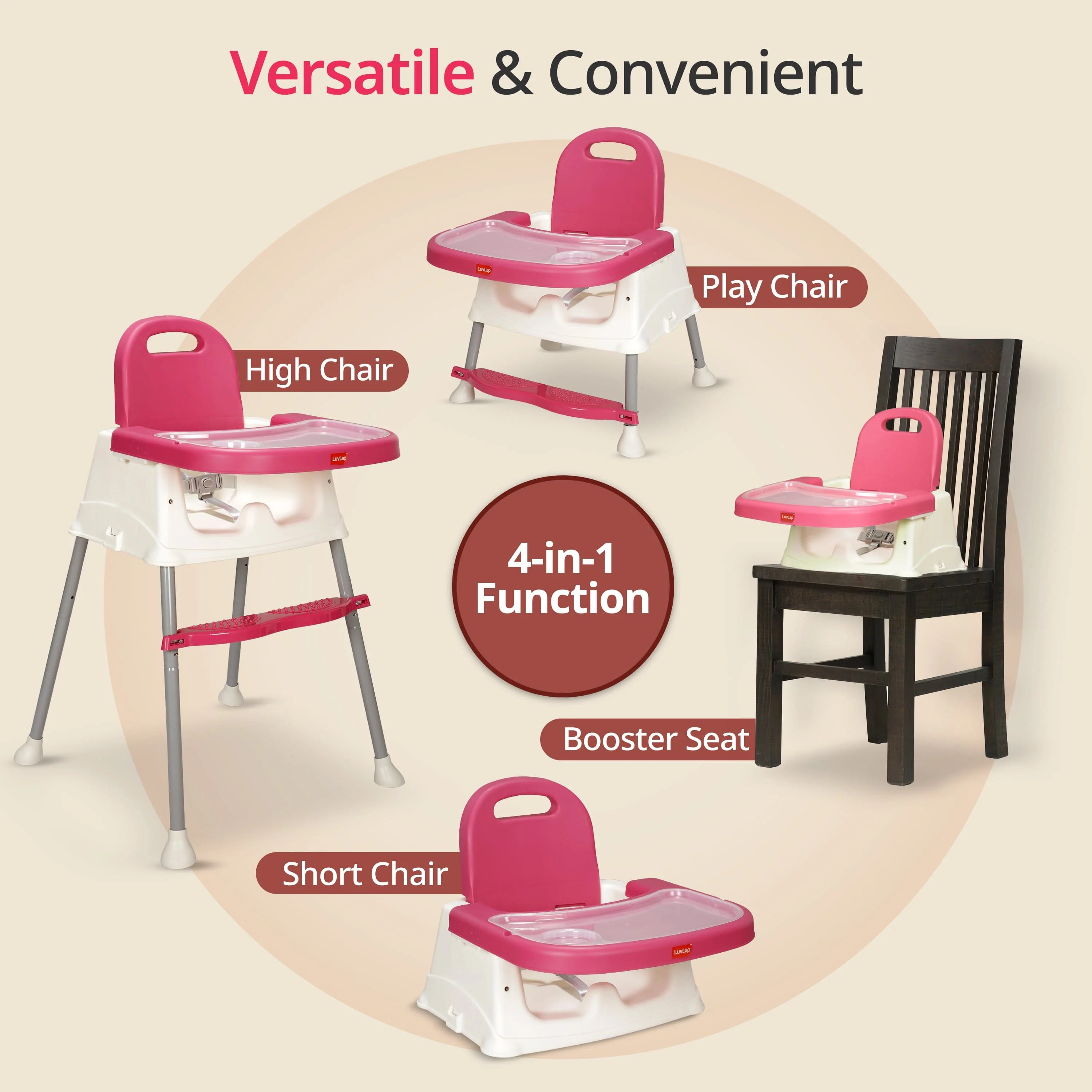 4 in 1 Convertible Baby High Chair with footrest, Convertible to High Chair, Low Chair, & Booster Seat, Essential for Baby Feeding (Pink) - Image 3