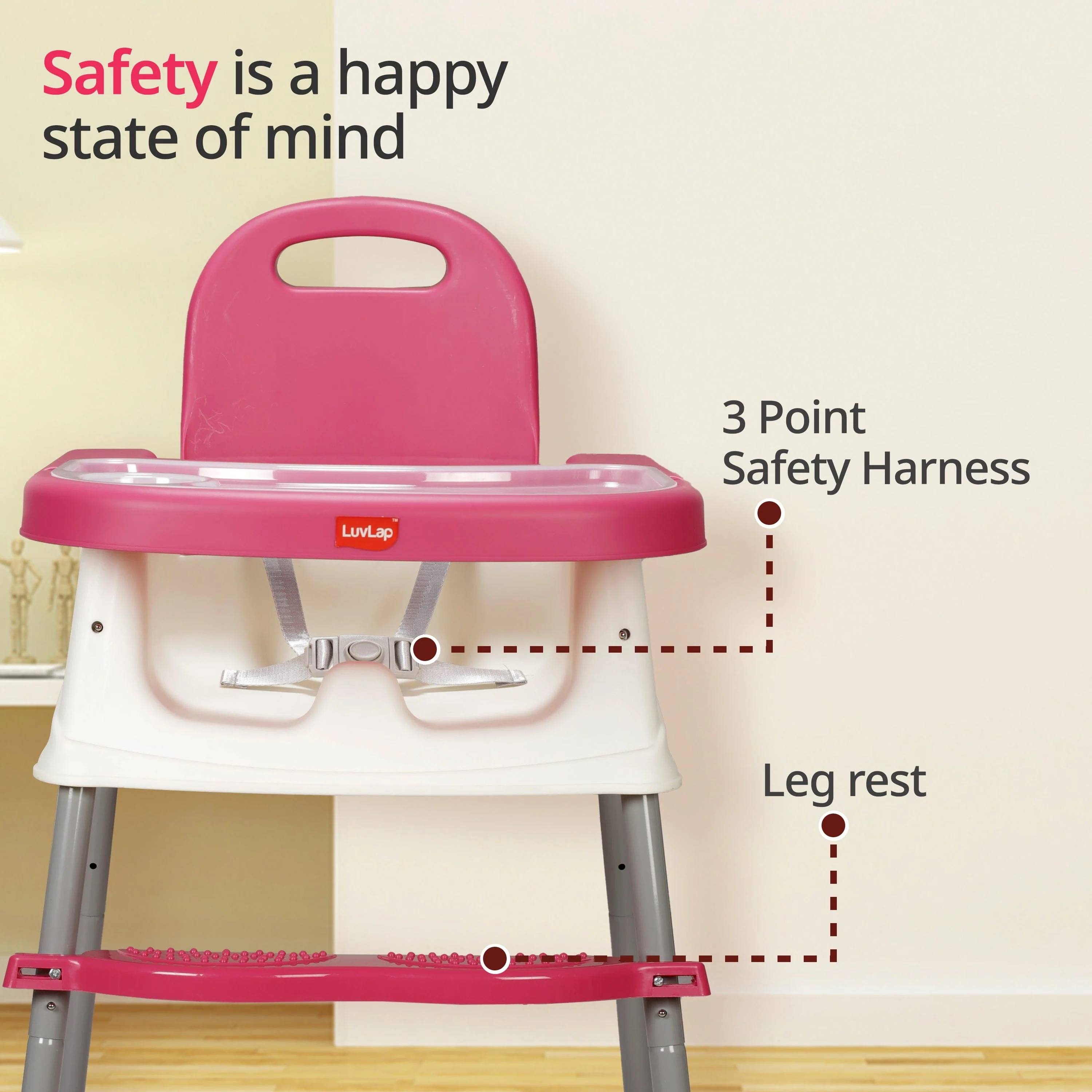 4 in 1 Convertible Baby High Chair with footrest, Convertible to High Chair, Low Chair, & Booster Seat, Essential for Baby Feeding (Pink) - Image 5
