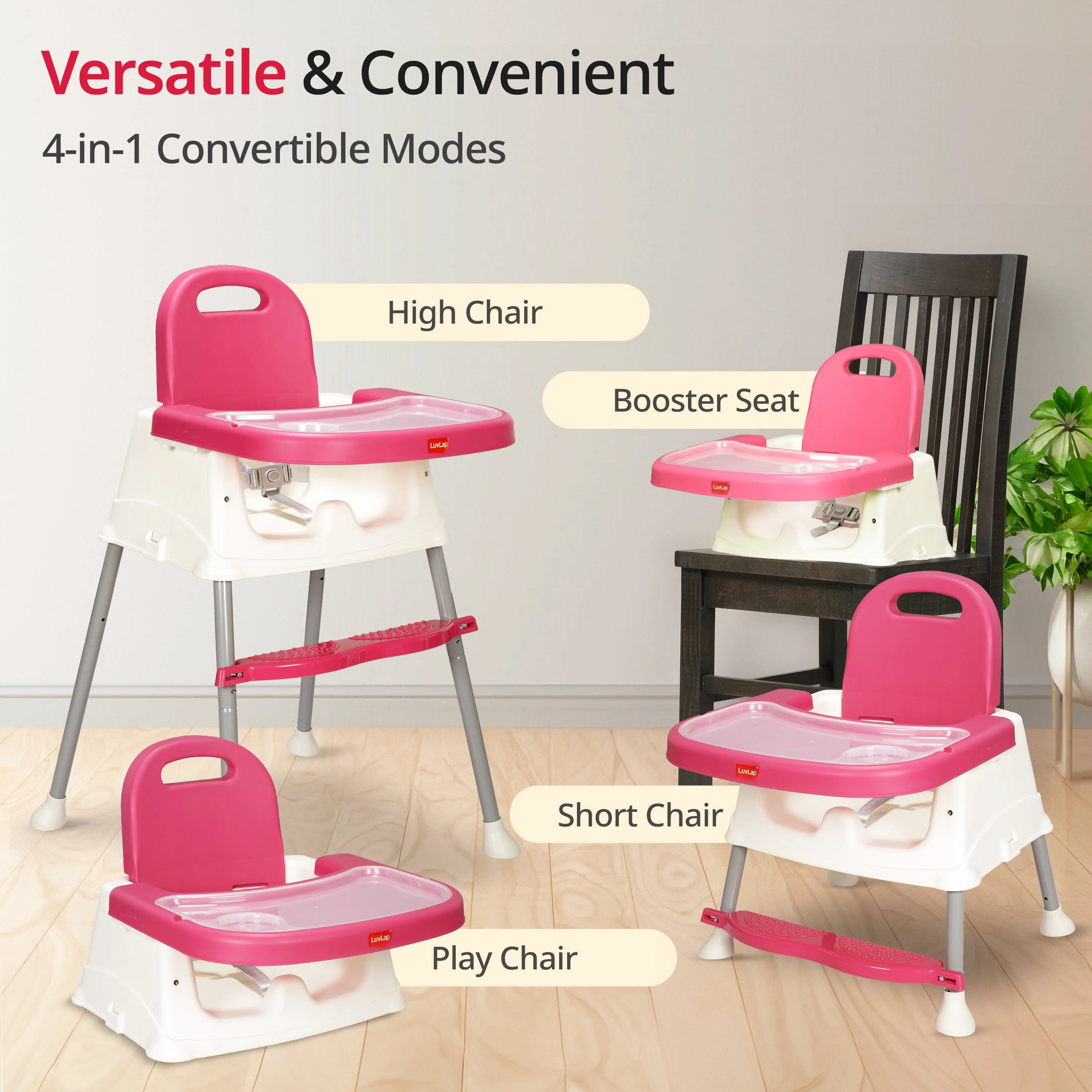 4 in 1 Convertible Baby High Chair with footrest, Convertible to High Chair, Low Chair, & Booster Seat, Essential for Baby Feeding (Pink) - Image 7