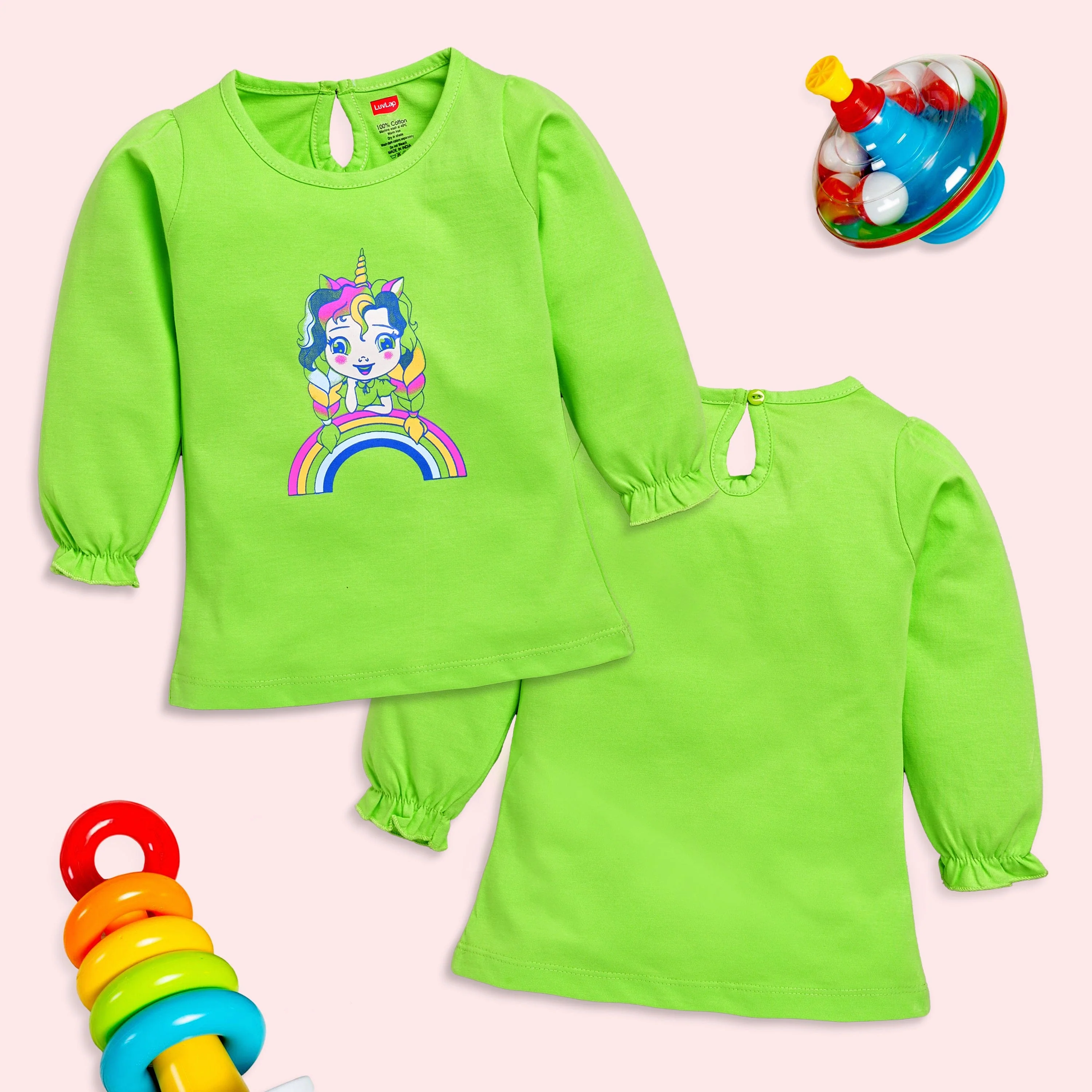 Baby Girls 100% Cotton Full Sleeve Girls Top Pack Of 4, Baby Pink, Soothing Sea, Sharp Green & Hot Pink - Image 3