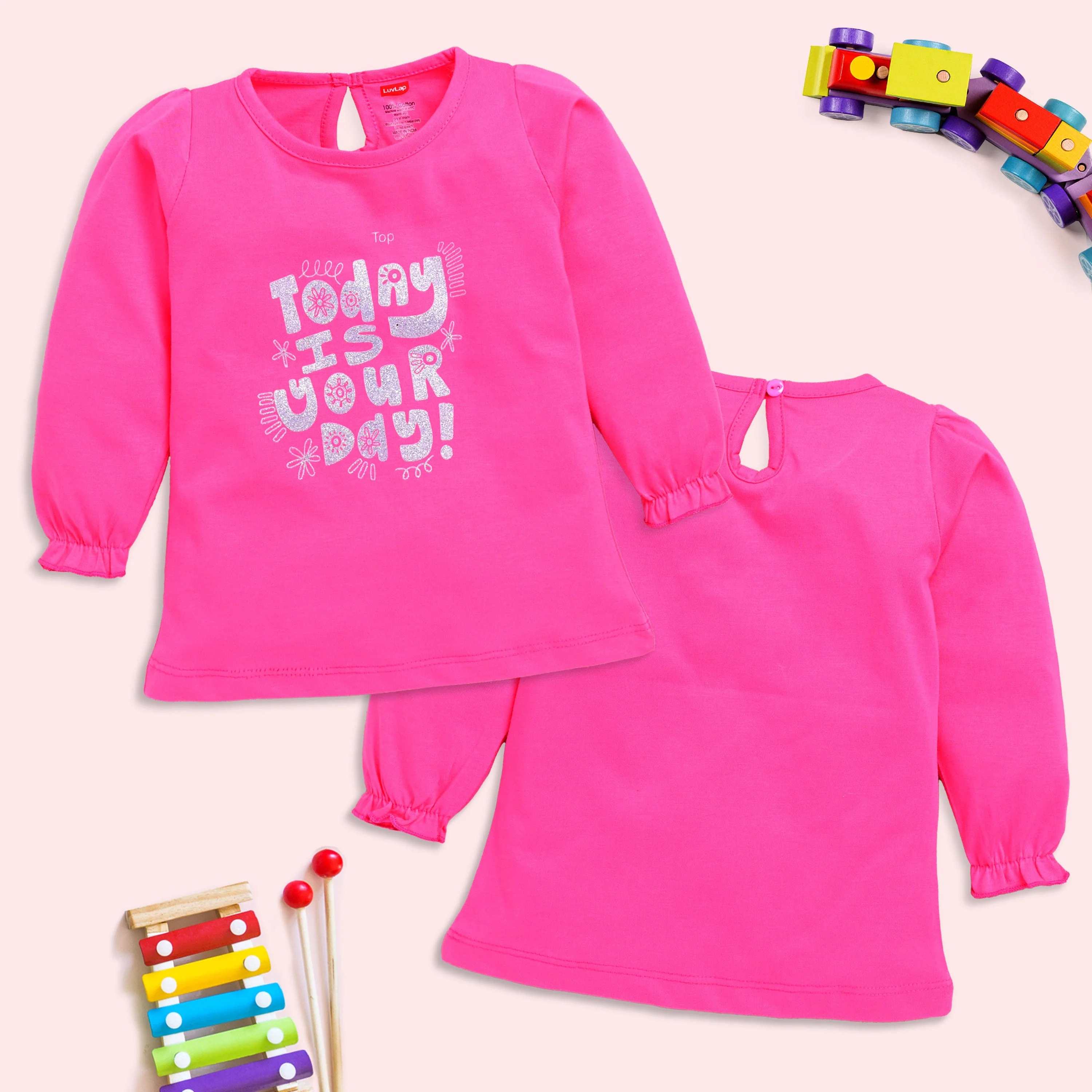 Baby Girls 100% Cotton Full Sleeve Girls Top Pack Of 4, Baby Pink, Soothing Sea, Sharp Green & Hot Pink - Image 4