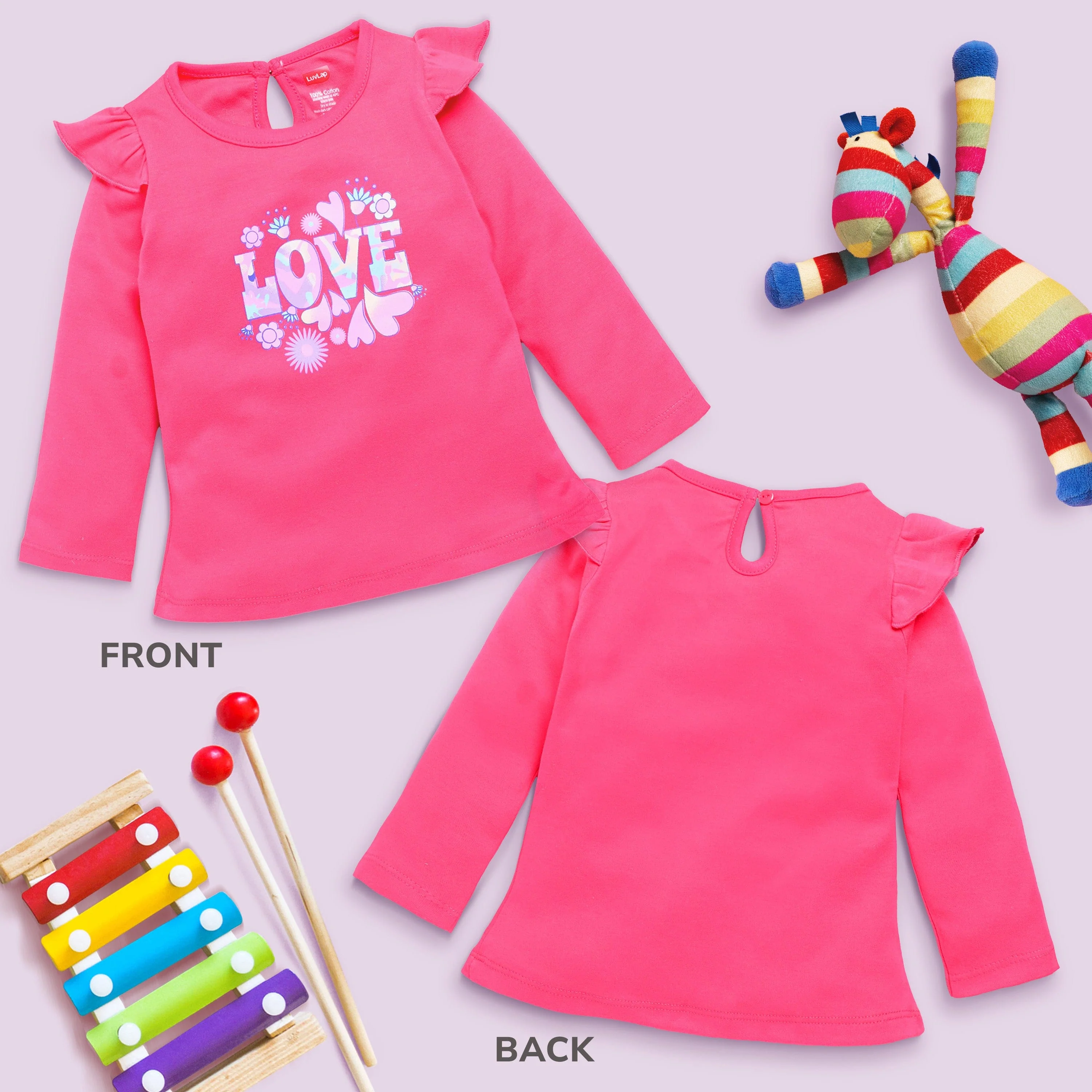 Baby Girls 100% Cotton Full Sleeve Girls Top Pack Of 4, Off White, Coral Red, Lt. Pastel Green & Aqua - Image 3