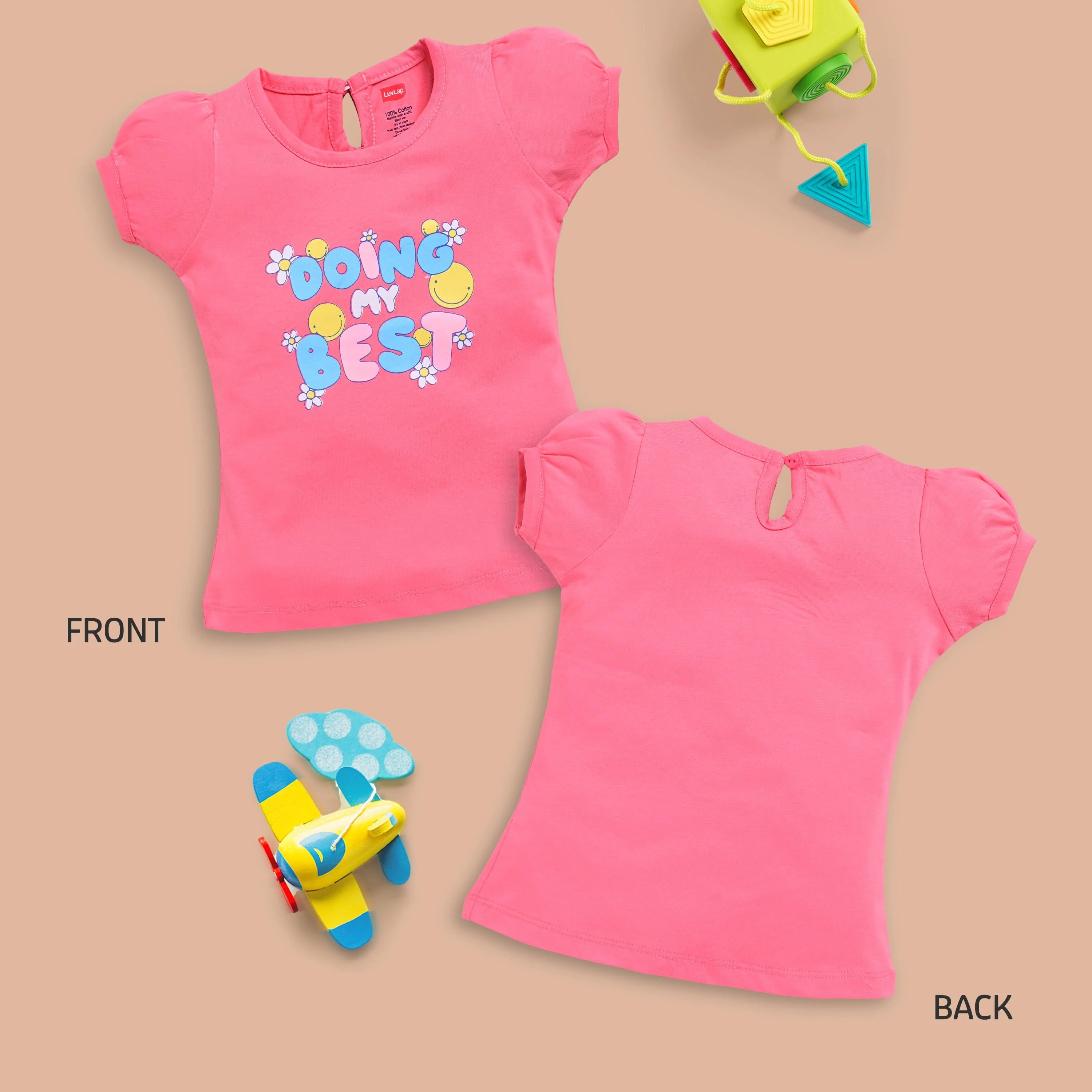 Baby Girls Regular Fit 100% Cotton Half Sleeves Girls Top Pack Of 5, Salmon Rose, Baby Pink, Supra, Lime Green & Lt. Pastel Green - Image 3