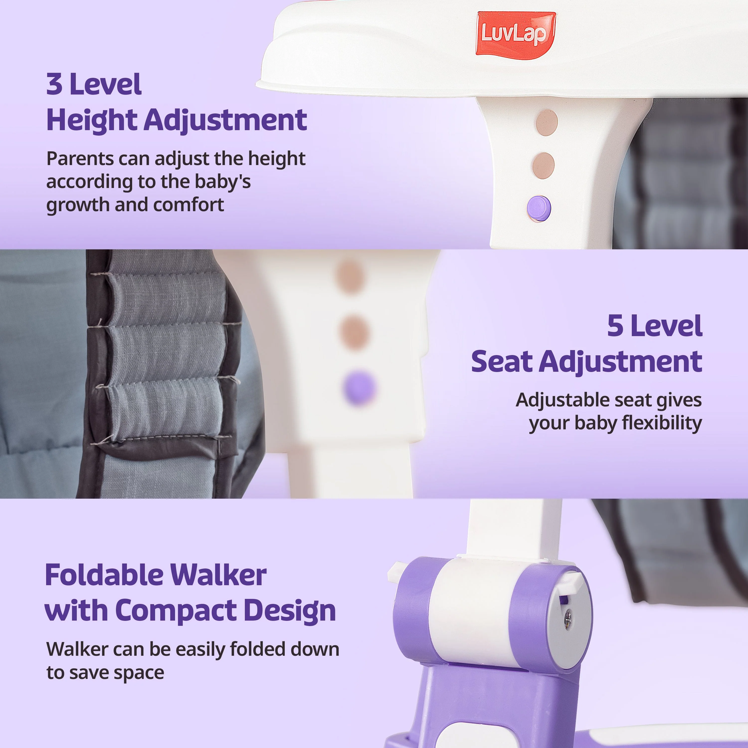 Elegant 360° Baby Walker 9+ Months | 3 Level Height Adjustment Walker/Advanced Baby Activity Walker, Purple - Image 3