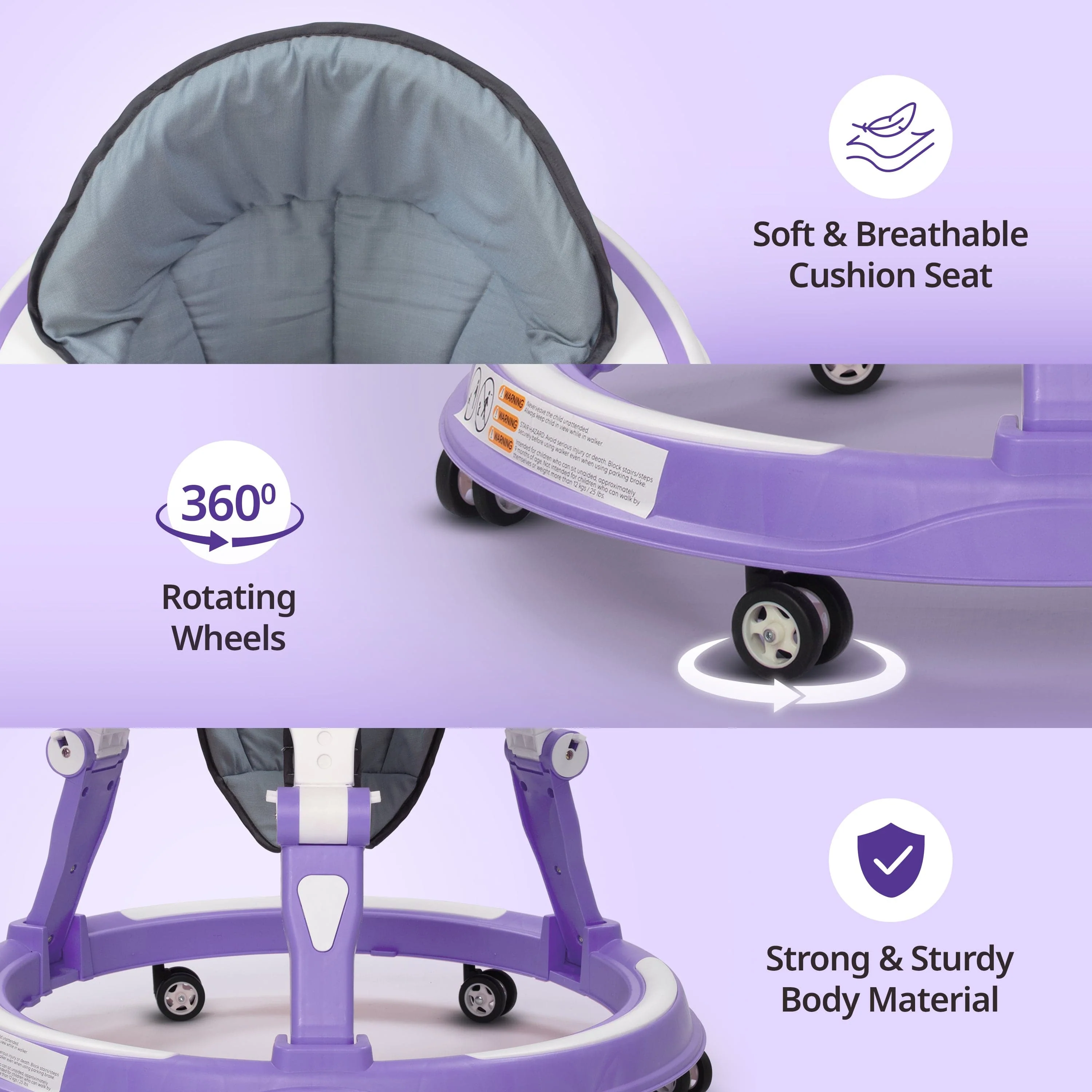 Elegant 360° Baby Walker 9+ Months | 3 Level Height Adjustment Walker/Advanced Baby Activity Walker, Purple - Image 4