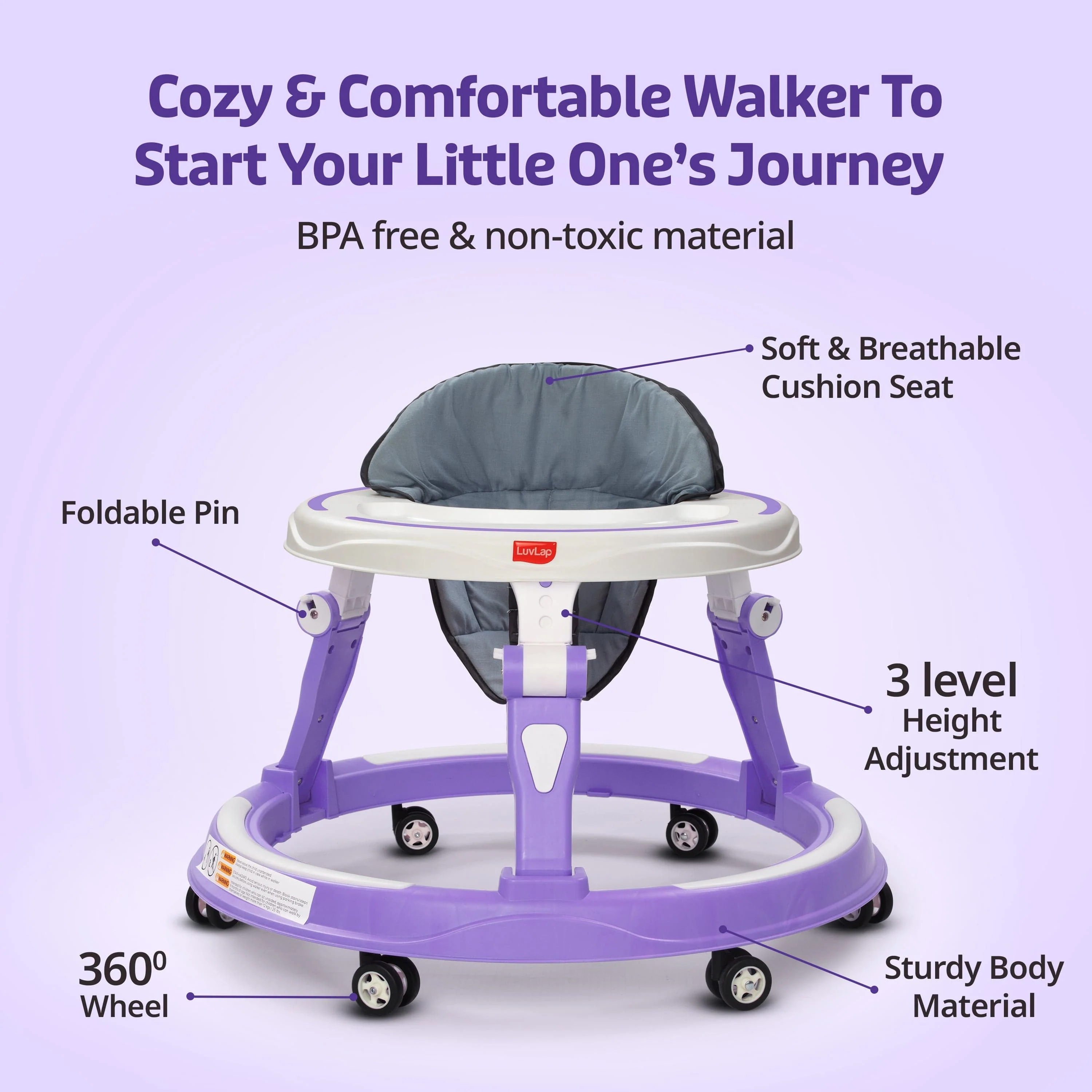 Elegant 360° Baby Walker 9+ Months | 3 Level Height Adjustment Walker/Advanced Baby Activity Walker, Purple - Image 9