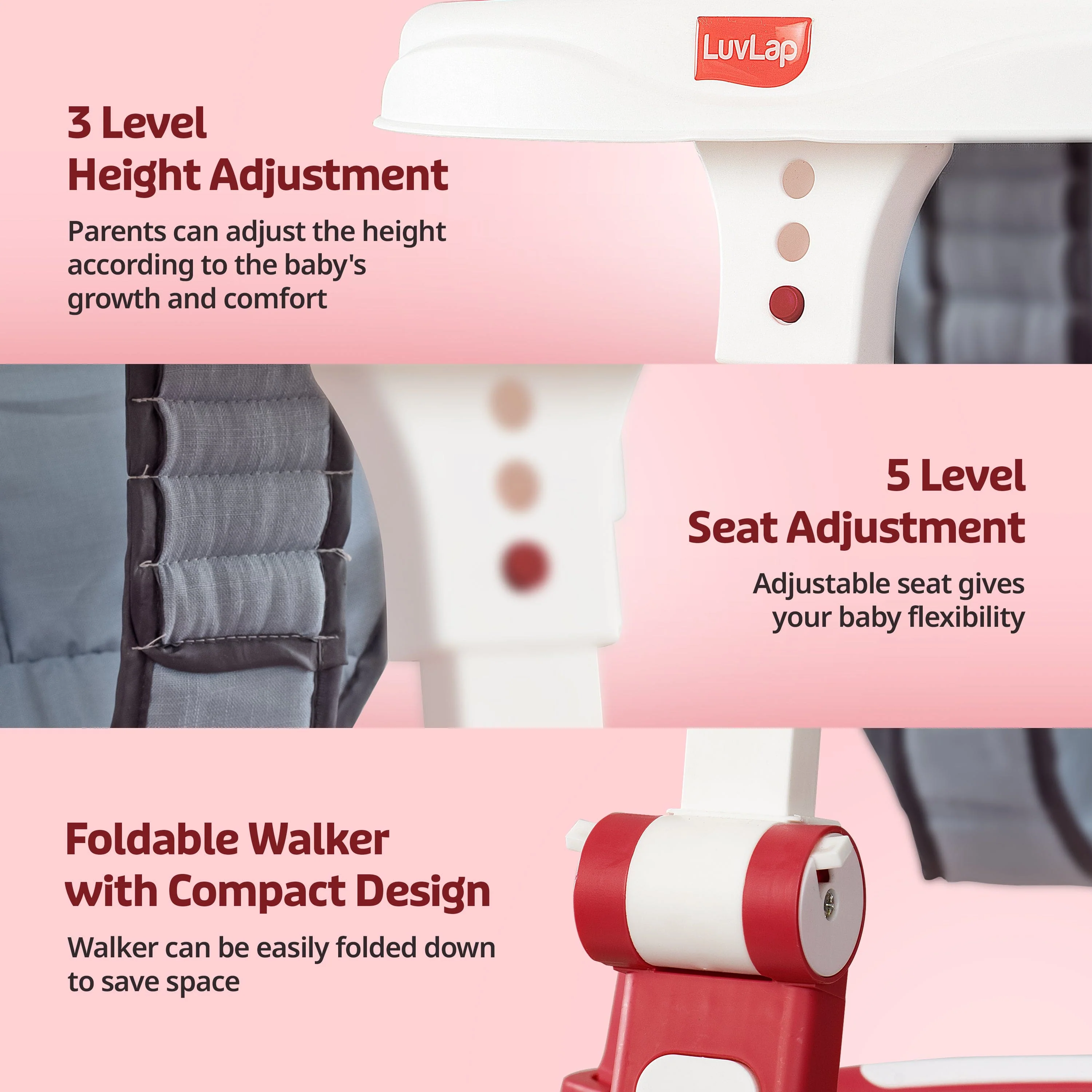 Elegant 360° Baby Walker 9+ Months | 3 Level Height Adjustment Walker/Advanced Baby Activity Walker, Raspberry - Image 3