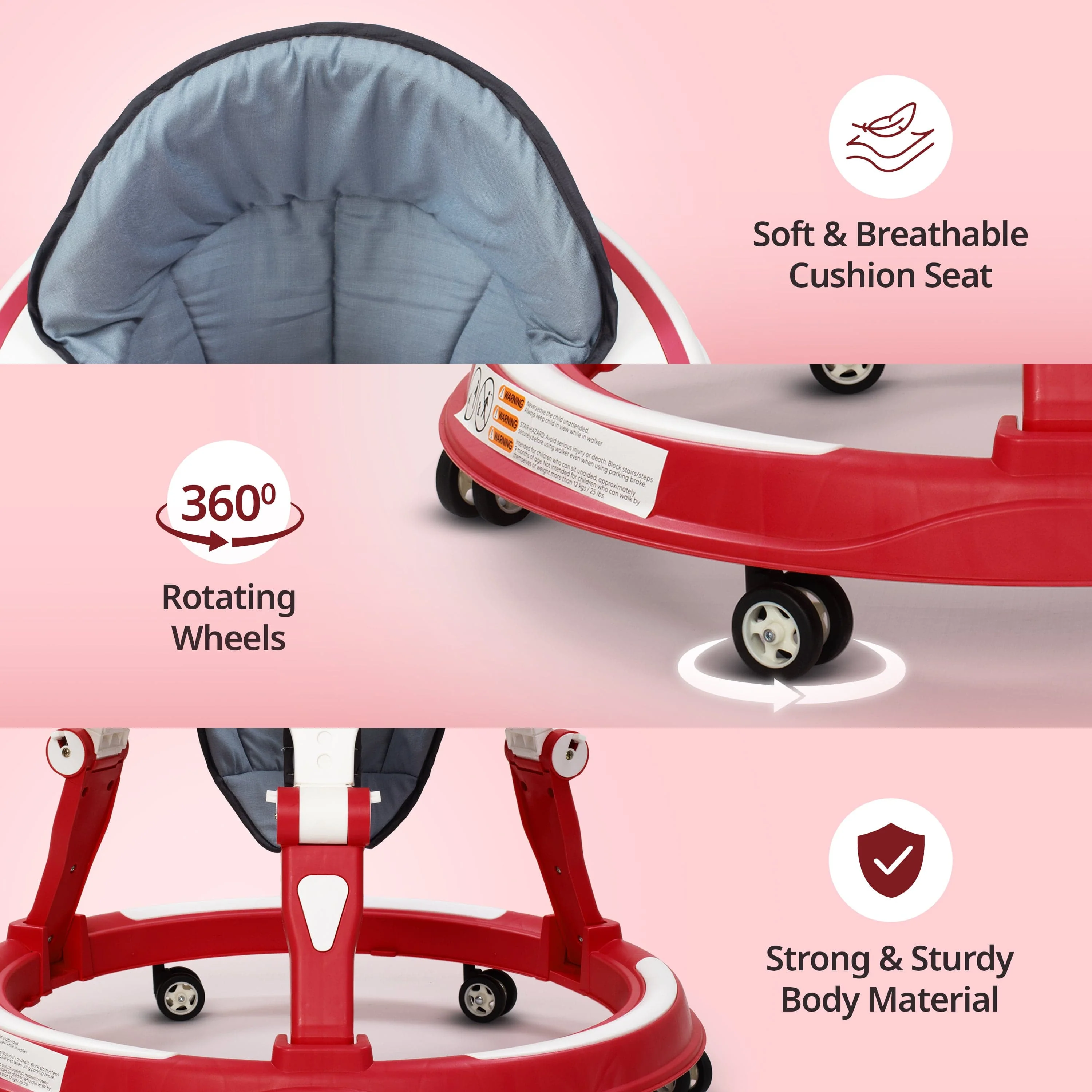 Elegant 360° Baby Walker 9+ Months | 3 Level Height Adjustment Walker/Advanced Baby Activity Walker, Raspberry - Image 4