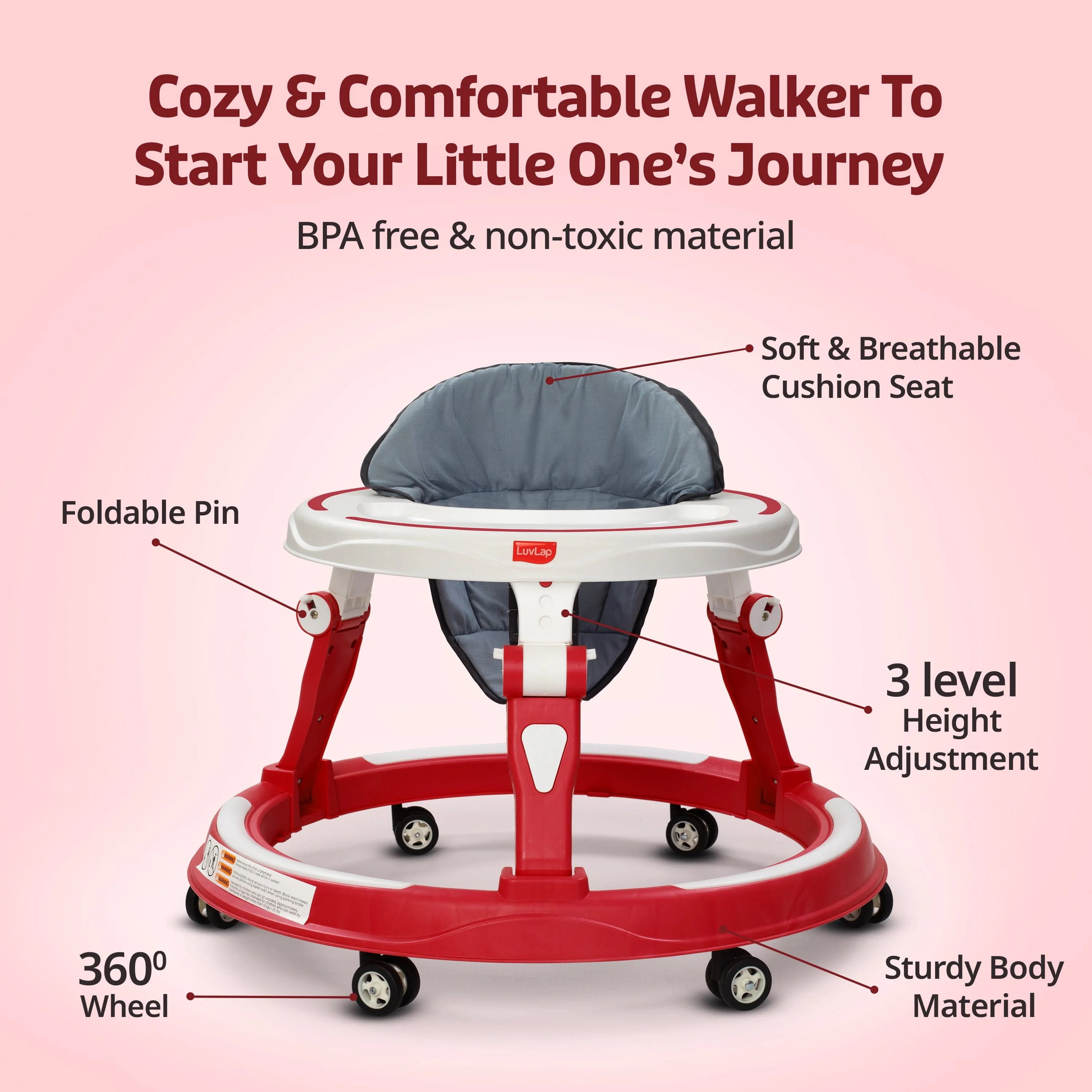 Elegant 360° Baby Walker 9+ Months | 3 Level Height Adjustment Walker/Advanced Baby Activity Walker, Raspberry - Image 9