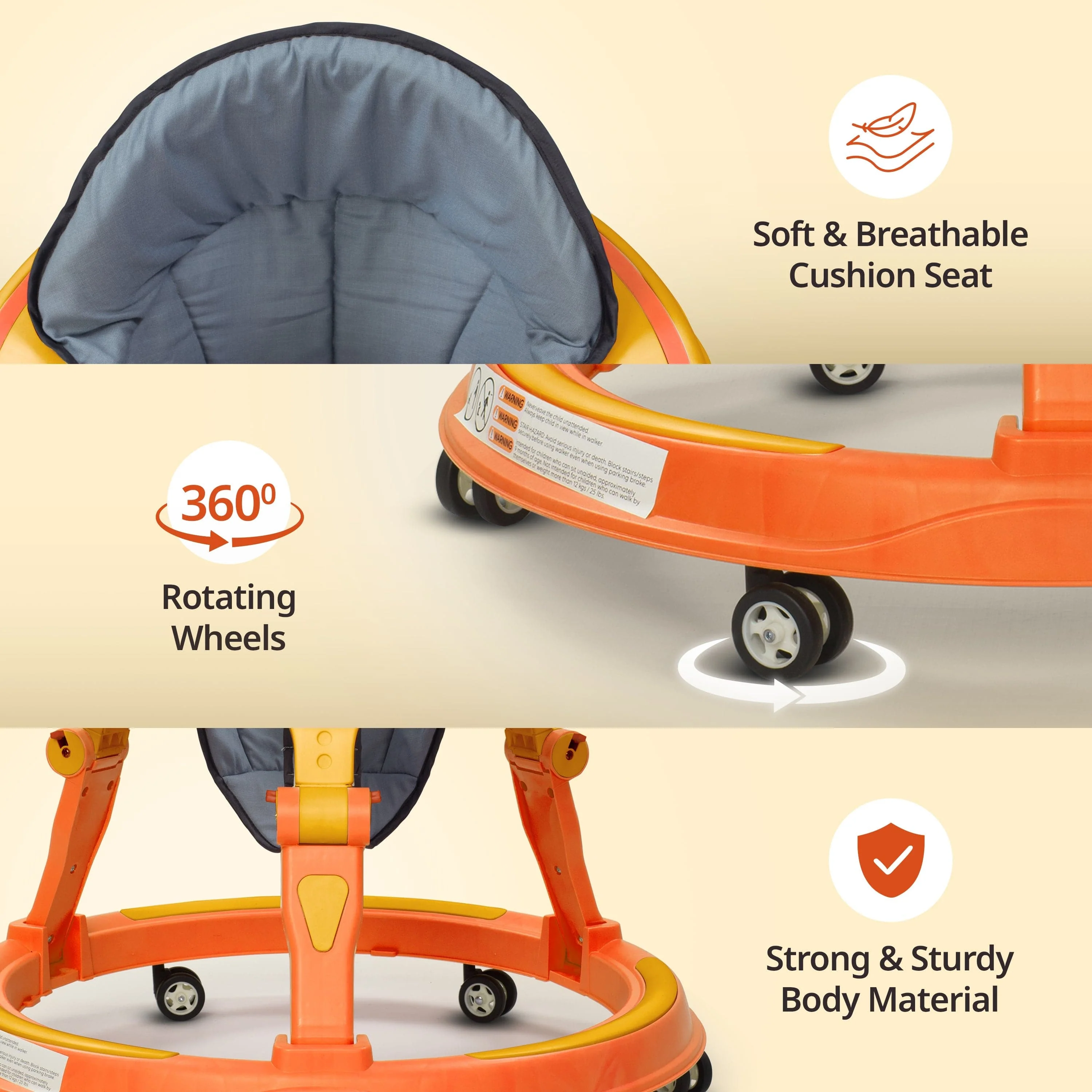 Elegant 360° Baby Walker 9+ Months | 3 Level Height Adjustment Walker/Advanced Baby Activity Walker, Yellow - Image 11