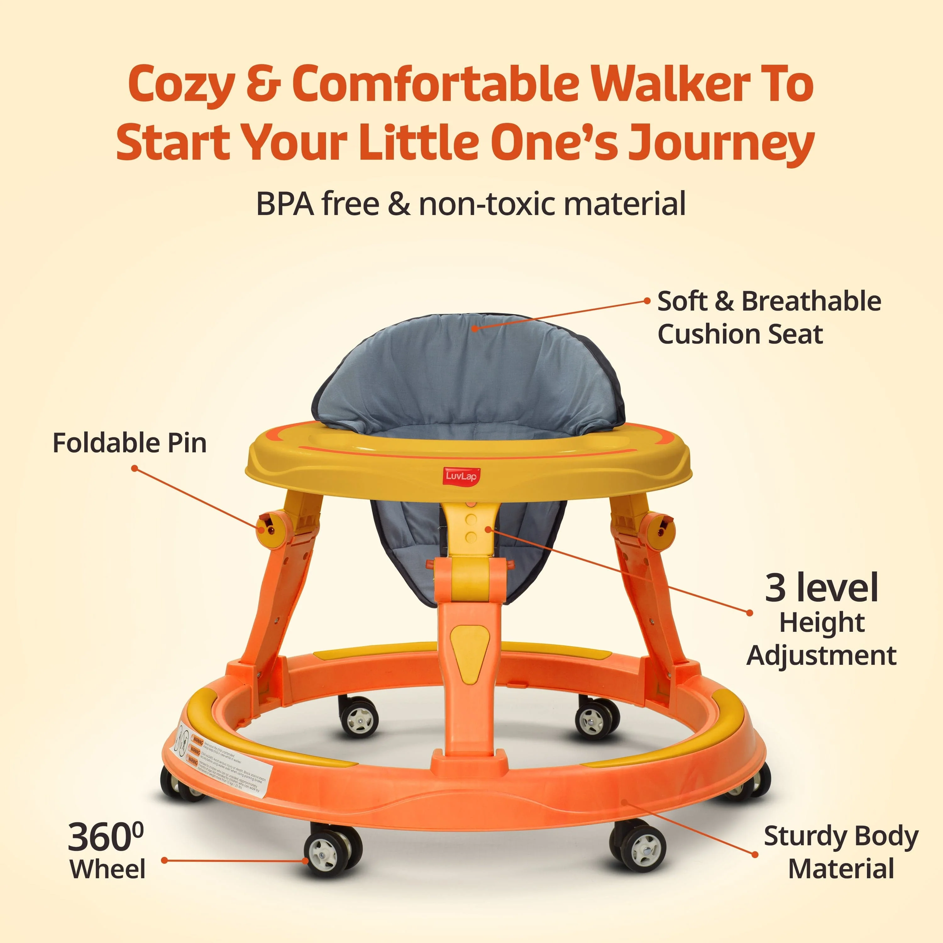 Elegant 360° Baby Walker 9+ Months | 3 Level Height Adjustment Walker/Advanced Baby Activity Walker, Yellow - Image 9