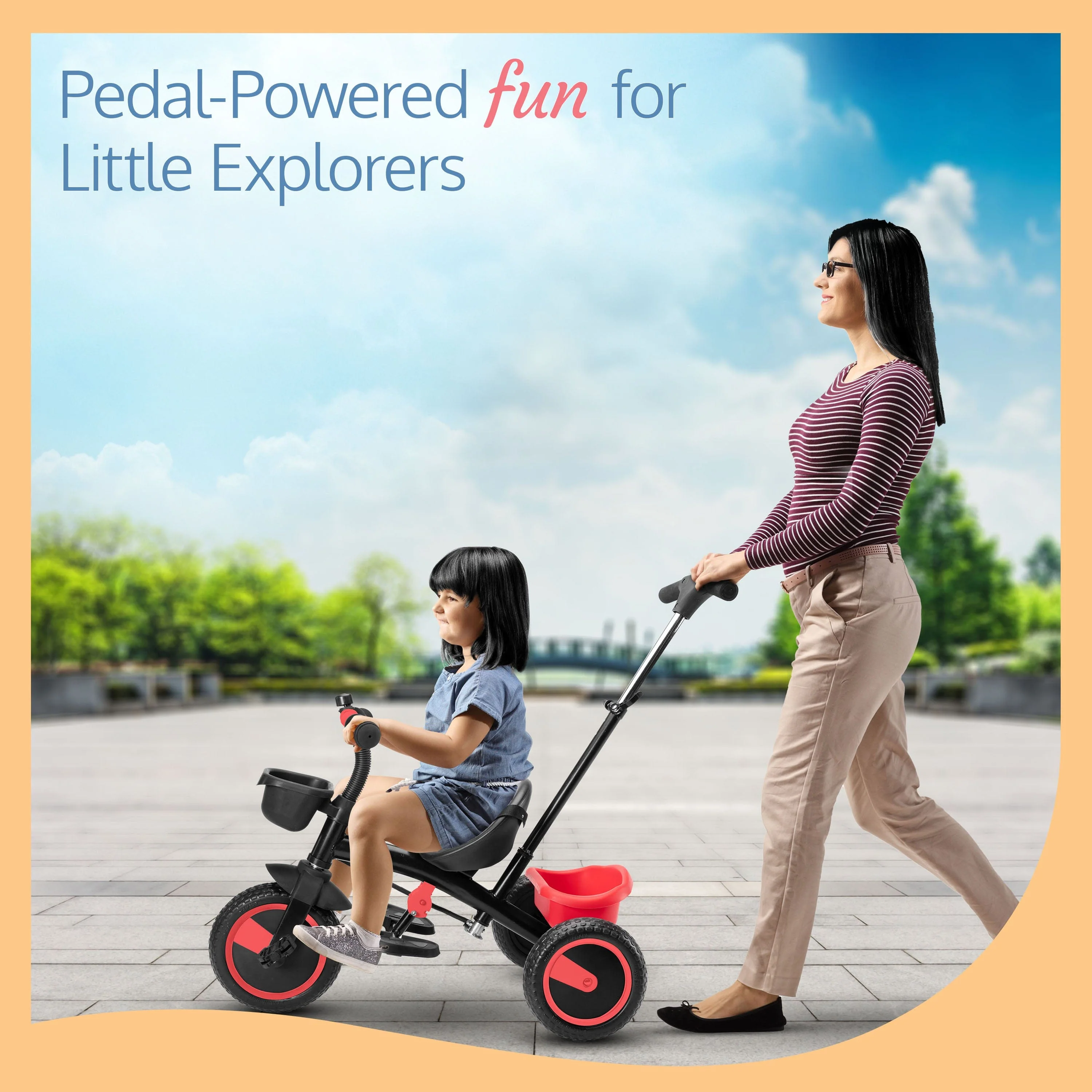 Elegant Lite Kids' Tricycle with Push Bar - Red - Image 3