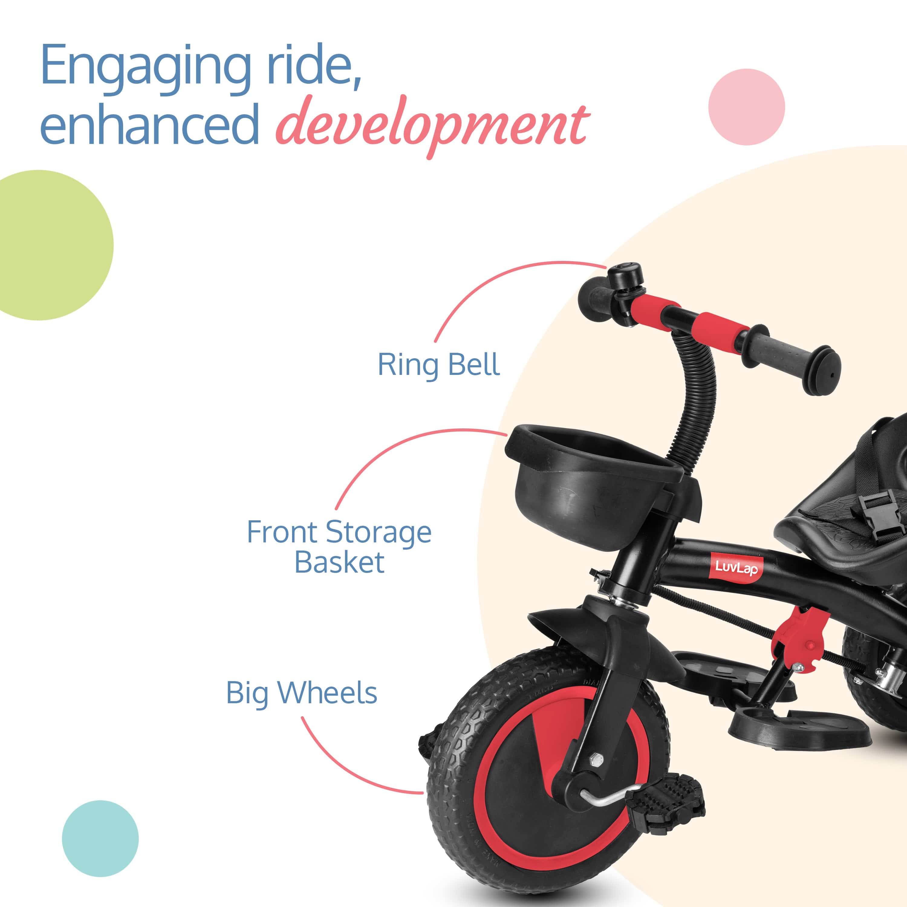 Elegant Lite Kids' Tricycle with Push Bar - Red - Image 5