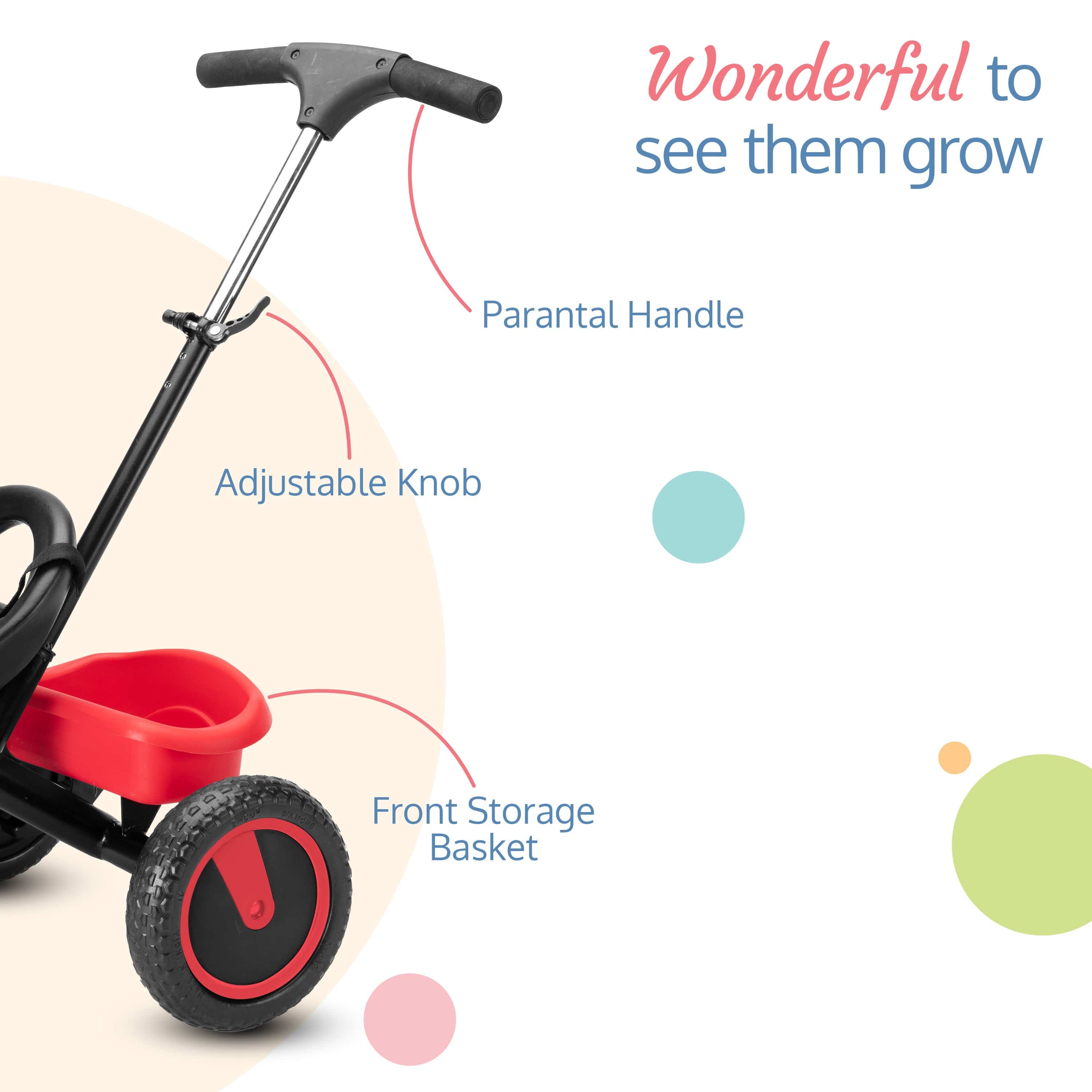 Elegant Lite Kids' Tricycle with Push Bar - Red - Image 6
