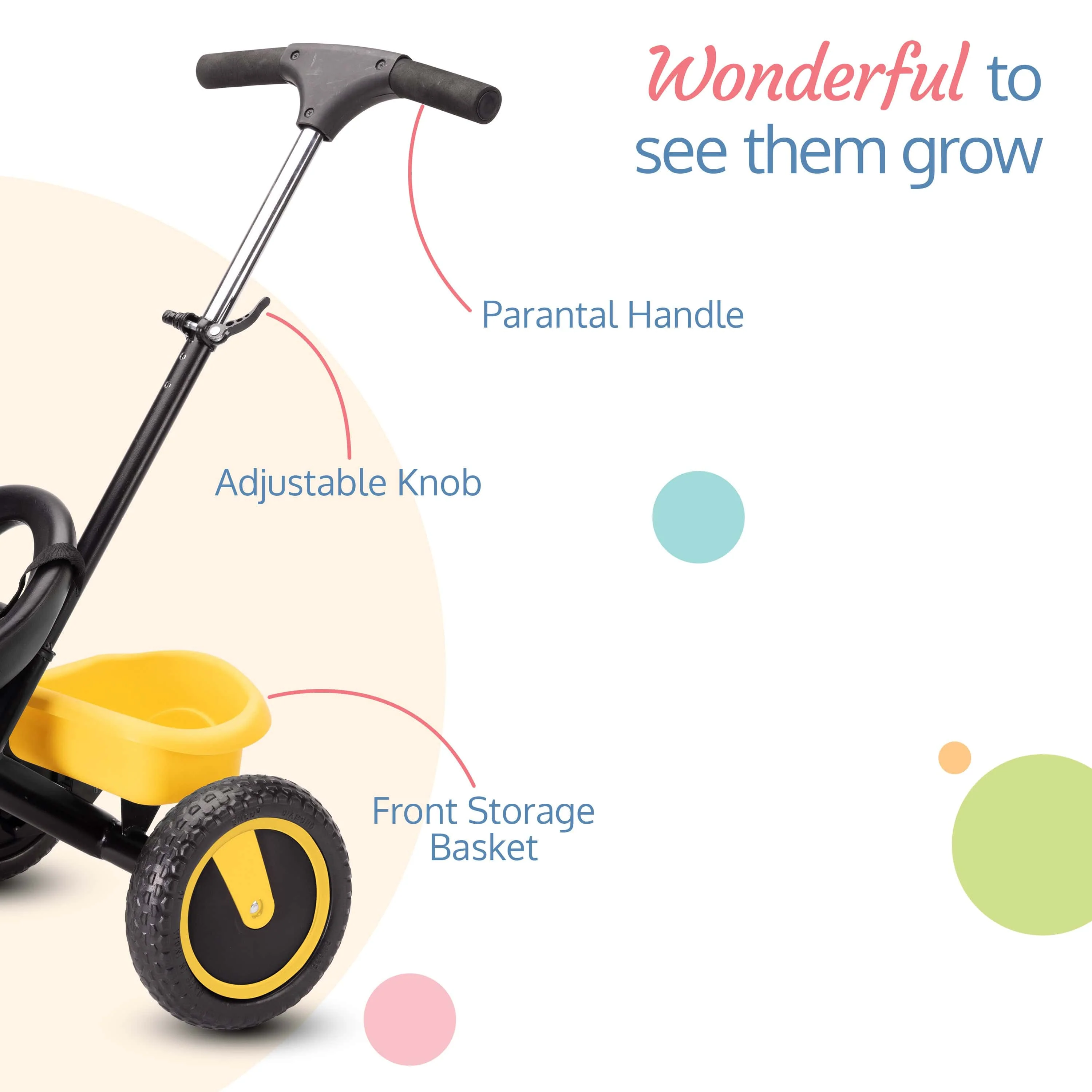 Elegant Lite Kids' Tricycle with Push Bar - Yellow - Image 6