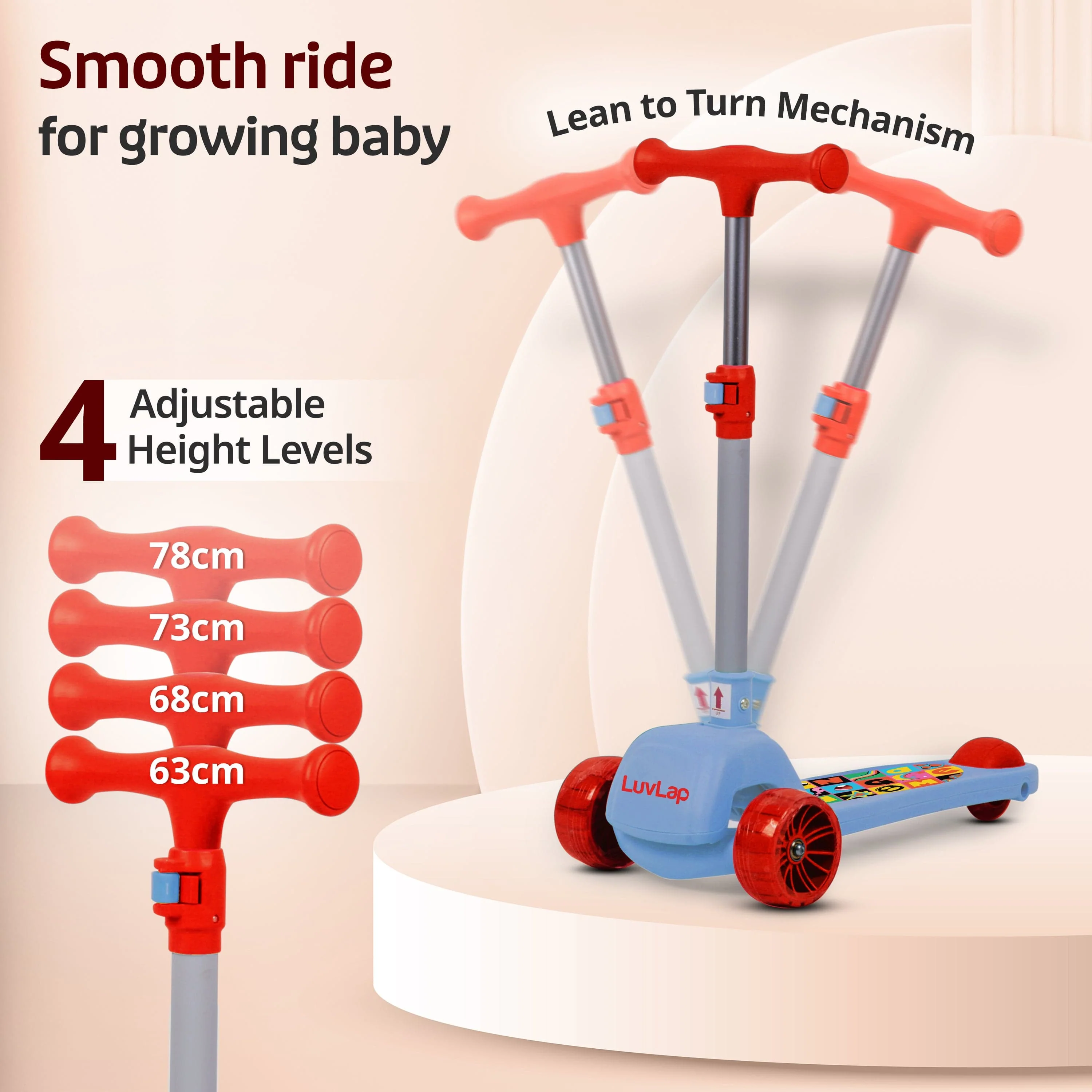 Elegant Scooter for Kids - Toddler 3-Wheel Kick Scooter with LED Lights | Stable Wide Deck for 3-10 Year | Adjustable Height & Easy-Grip Handlebars | Fun Outdoor Gear for Kids, Blue & Red - Image 4