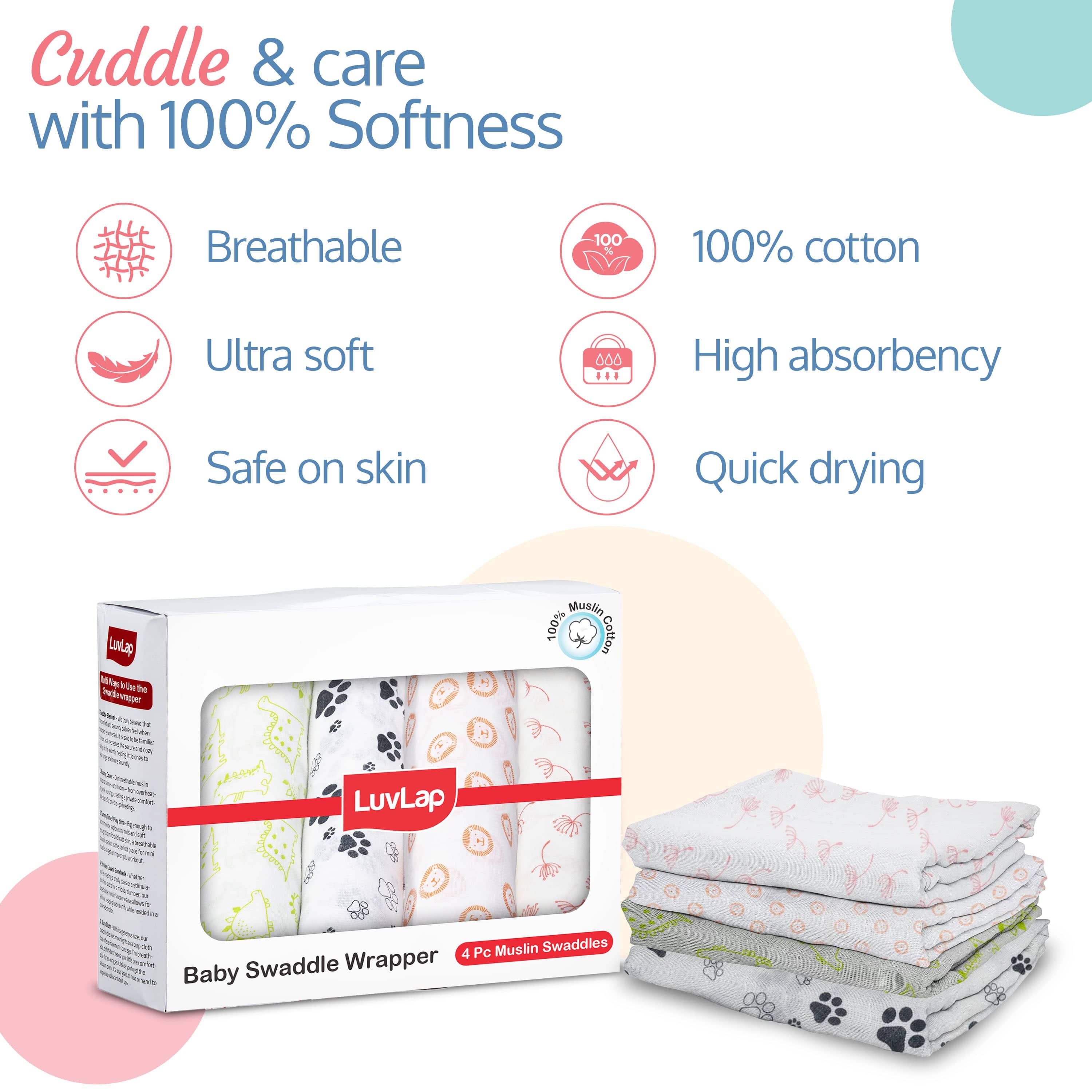 100% Cotton Muslin Baby Swaddles, Animals & Floral White Print, 0-18M+, Pack of 4 - Image 3