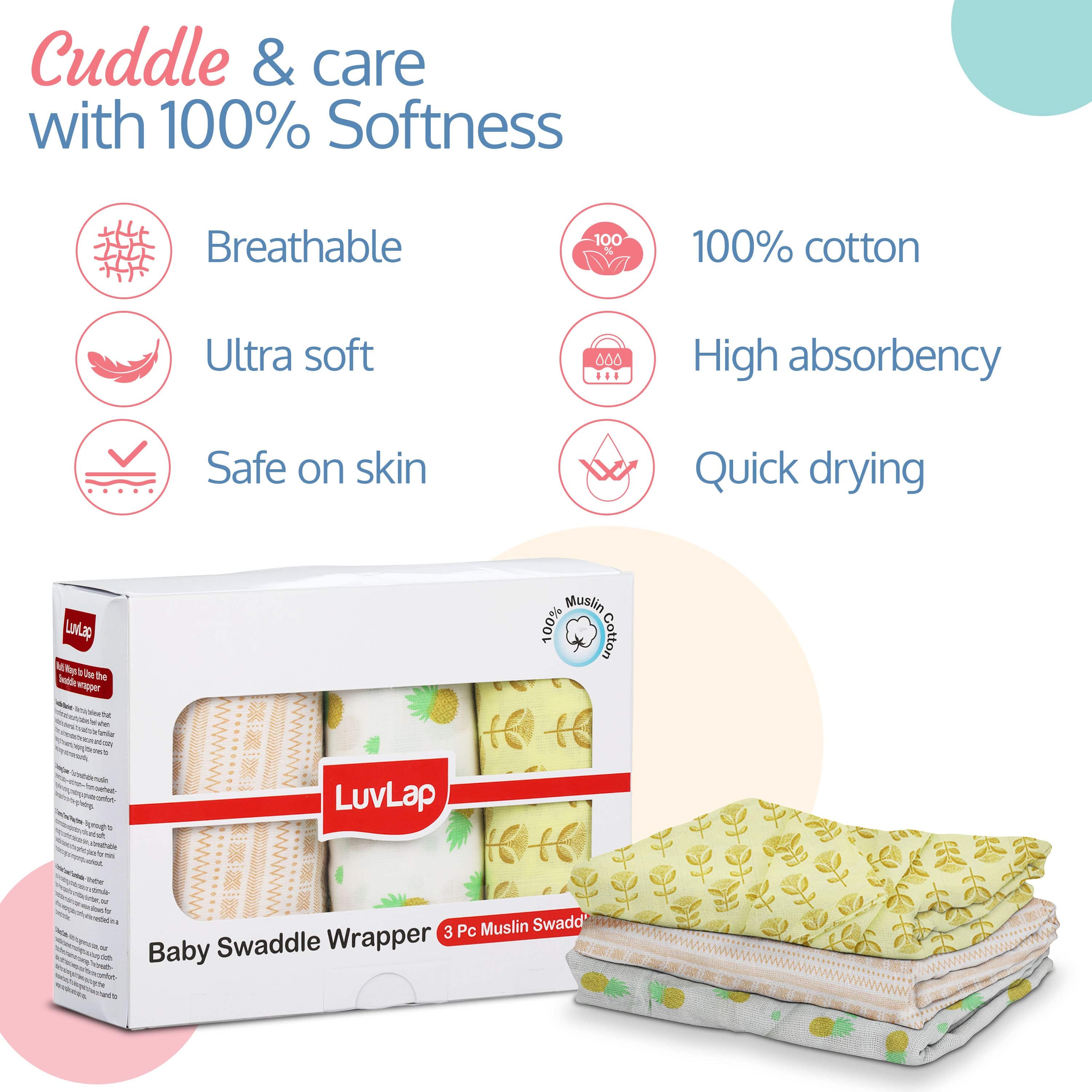 100% Cotton Muslin Baby Swaddles set, Pineapple Leaves Print, 0-18 Month+, Pack of 3 - Image 3