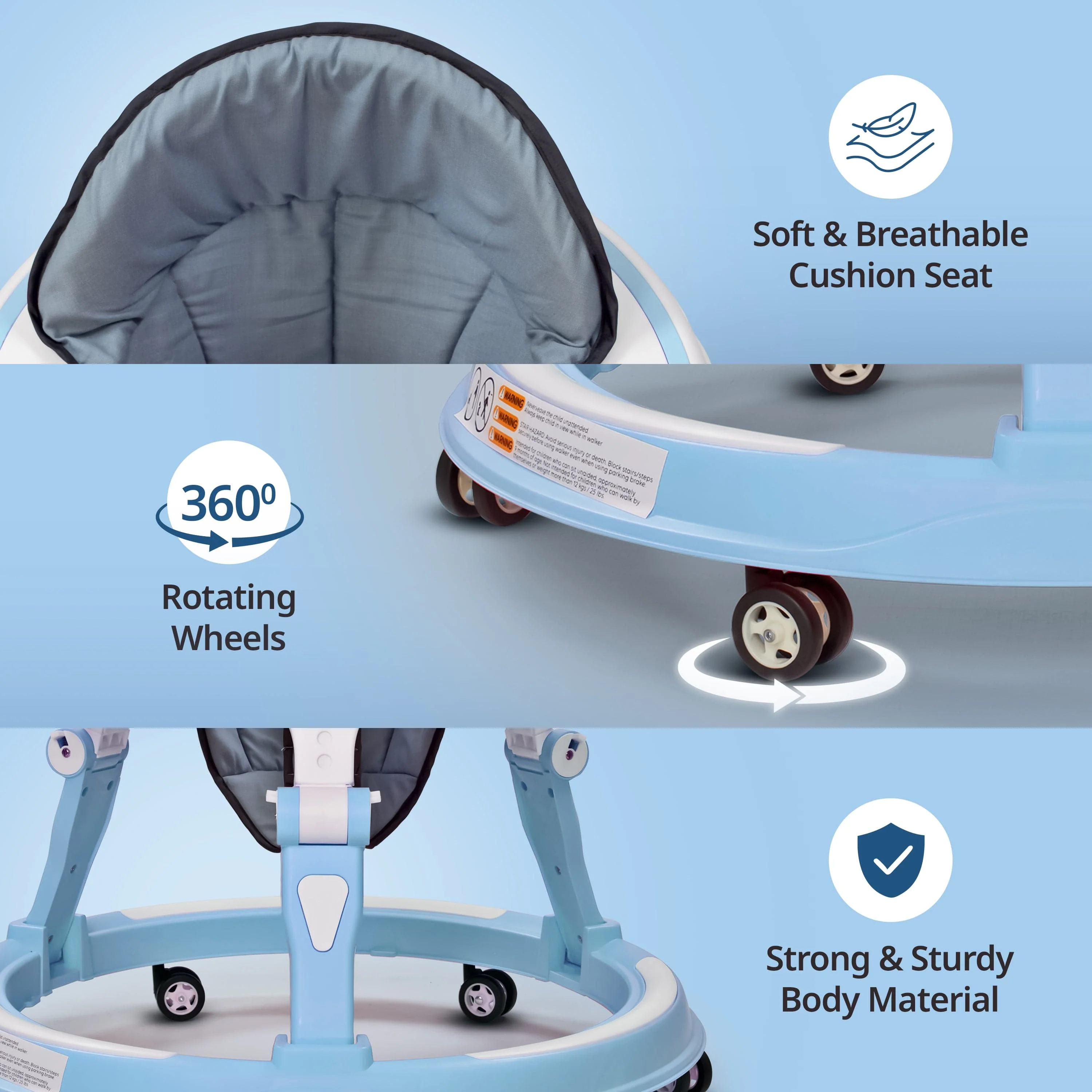 360° Joy Baby Walker for 9+ Months | 3 Level Height Adjustment Walker with Switchable Food & Musical Toy Tray/Advanced Baby Activity Walker, Blue - Image 4