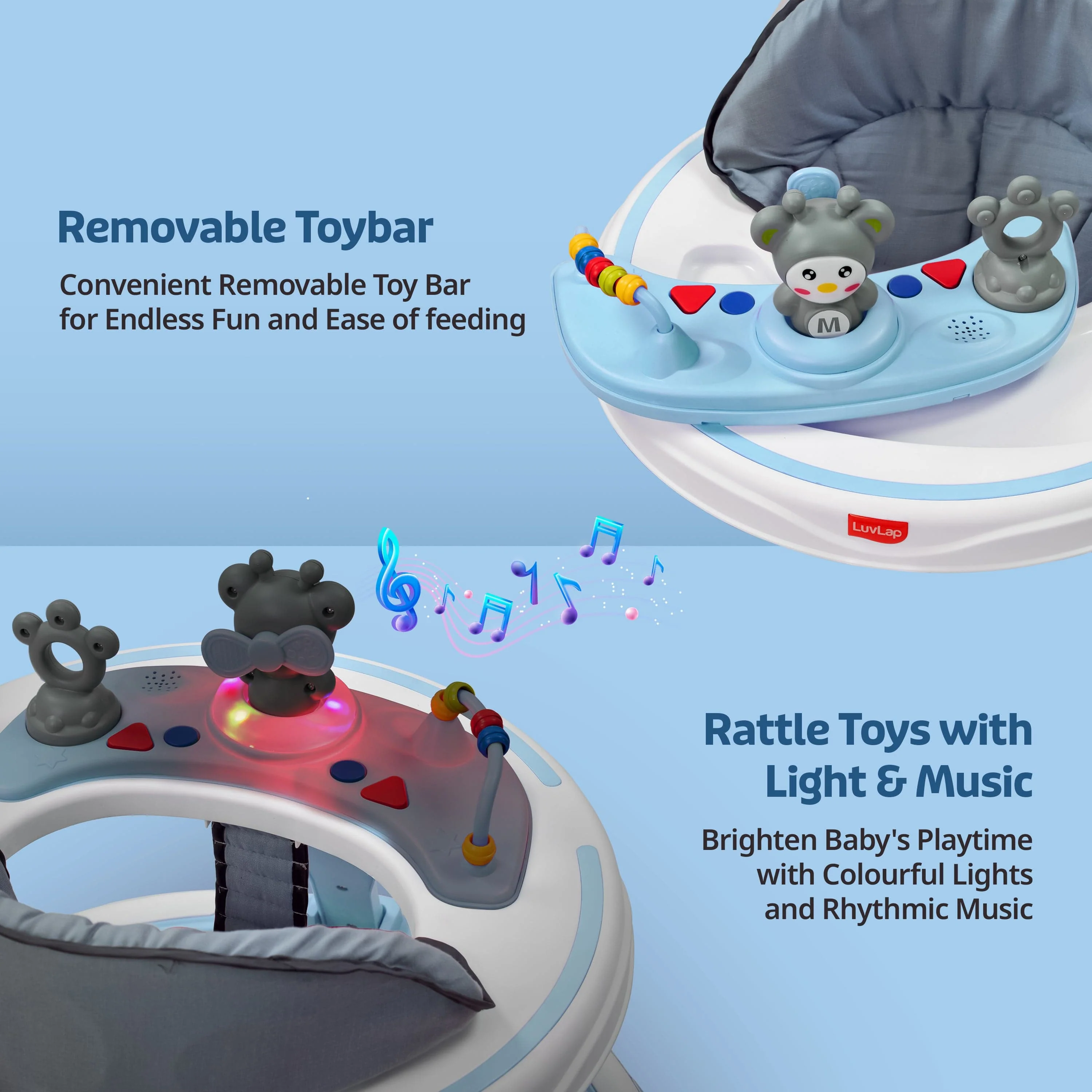 360° Joy Baby Walker for 9+ Months | 3 Level Height Adjustment Walker with Switchable Food & Musical Toy Tray/Advanced Baby Activity Walker, Blue - Image 5