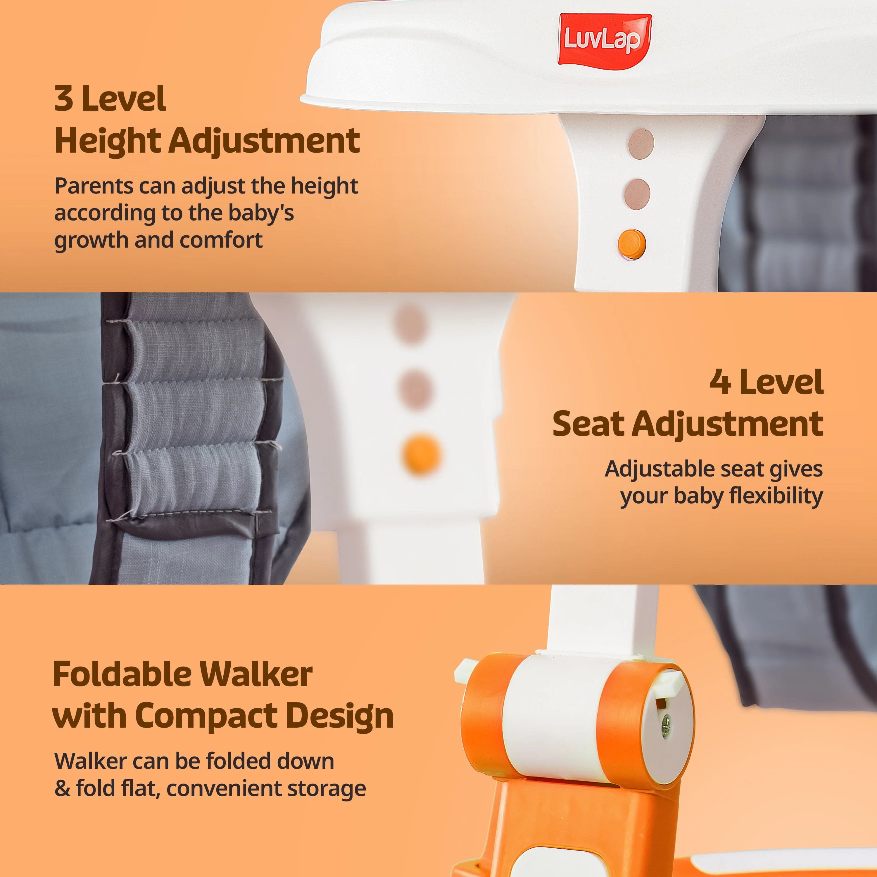 360° Joy Baby Walker 9+ Months | 3 Level Height Adjustment Walker with Switchable Food & Musical Toy Tray/Advanced Baby Activity Walker, Orange - Image 3