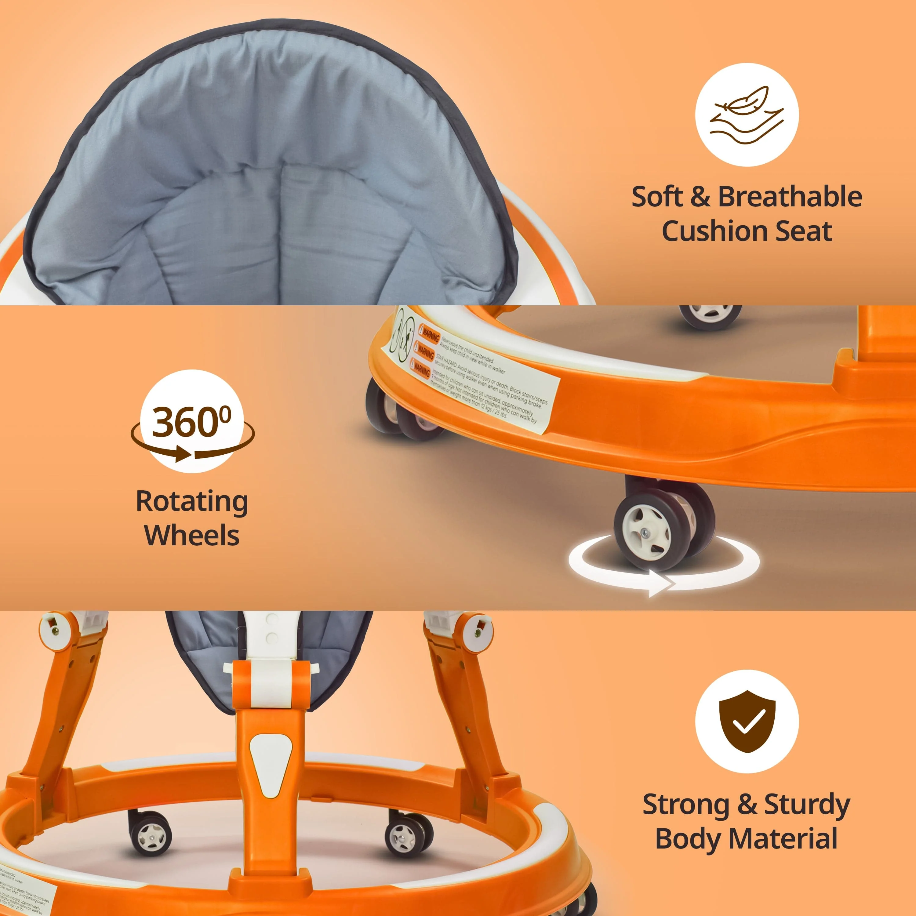 360° Joy Baby Walker 9+ Months | 3 Level Height Adjustment Walker with Switchable Food & Musical Toy Tray/Advanced Baby Activity Walker, Orange - Image 4
