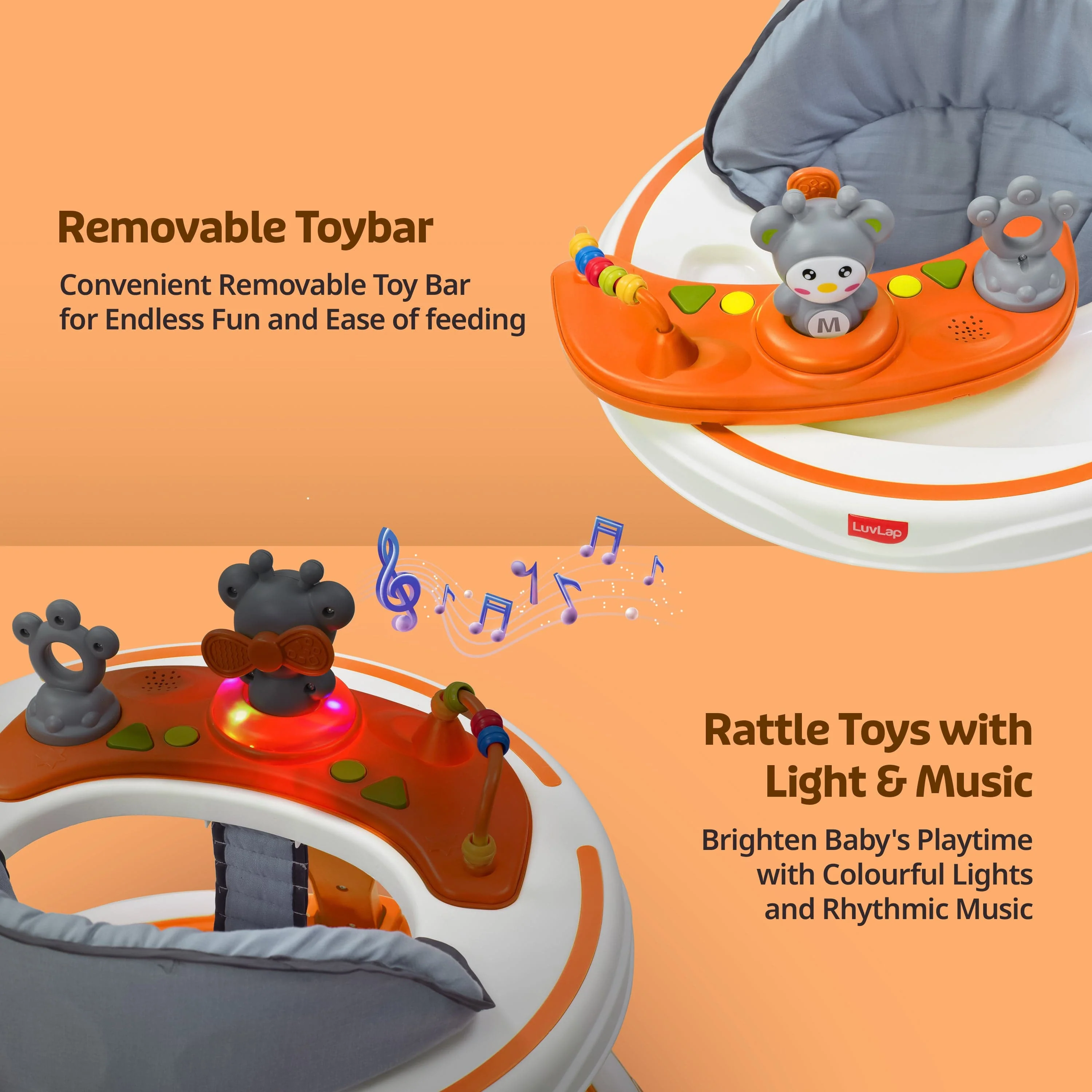 360° Joy Baby Walker 9+ Months | 3 Level Height Adjustment Walker with Switchable Food & Musical Toy Tray/Advanced Baby Activity Walker, Orange - Image 5