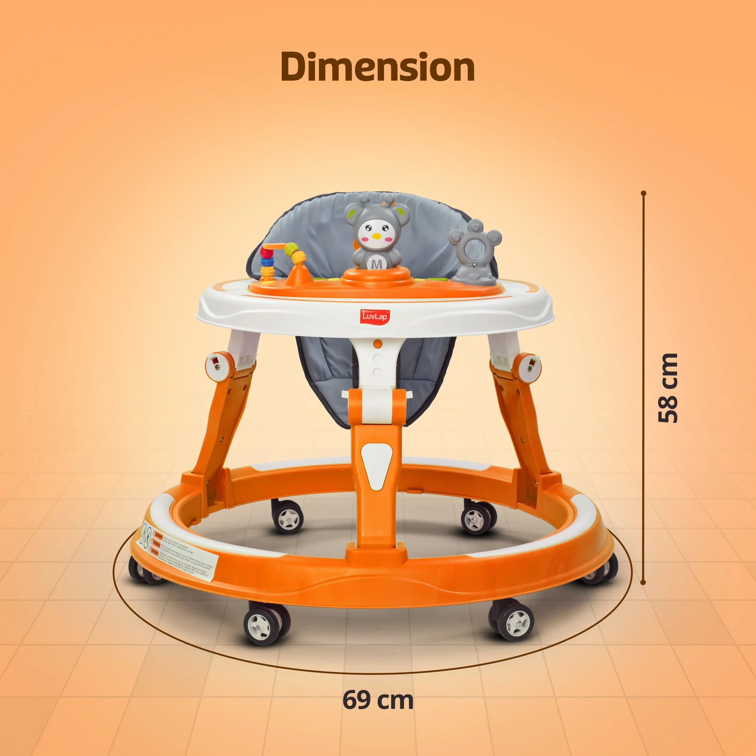 360° Joy Baby Walker 9+ Months | 3 Level Height Adjustment Walker with Switchable Food & Musical Toy Tray/Advanced Baby Activity Walker, Orange - Image 8
