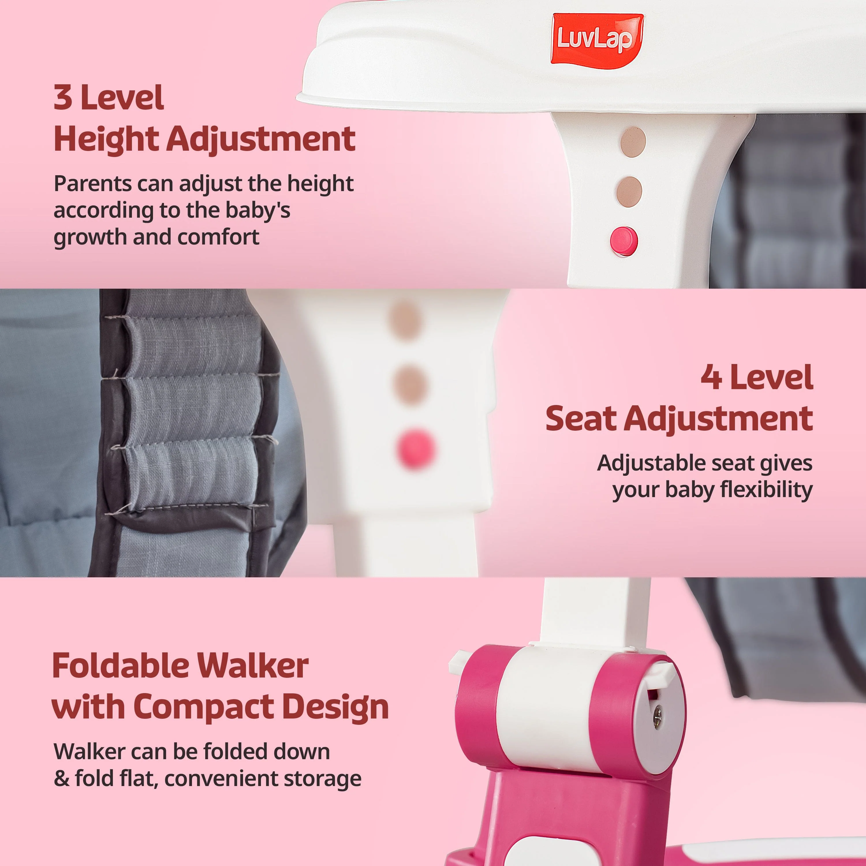 LuvLap 360° Joy Baby Walker 9+ Months | 3 Level Height Adjustment Walker with Switchable Food & Musical Toy Tray/Advanced Baby Activity Walker, Pink - Image 3