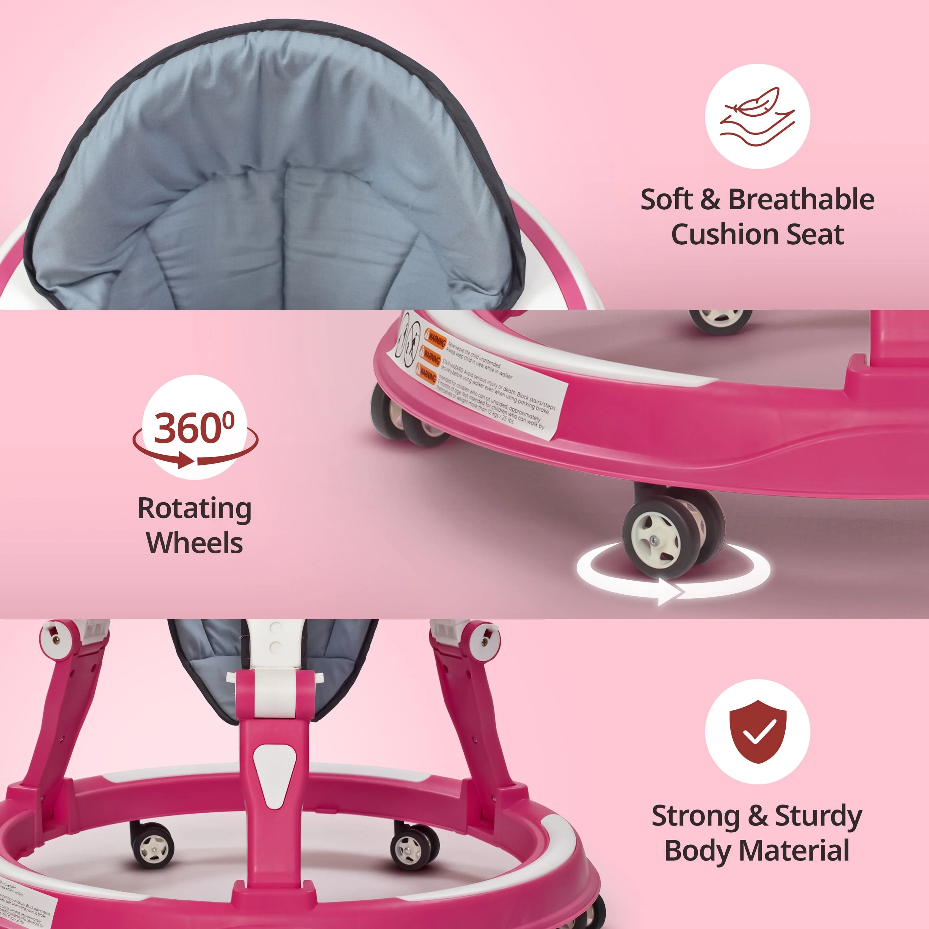 LuvLap 360° Joy Baby Walker 9+ Months | 3 Level Height Adjustment Walker with Switchable Food & Musical Toy Tray/Advanced Baby Activity Walker, Pink - Image 4