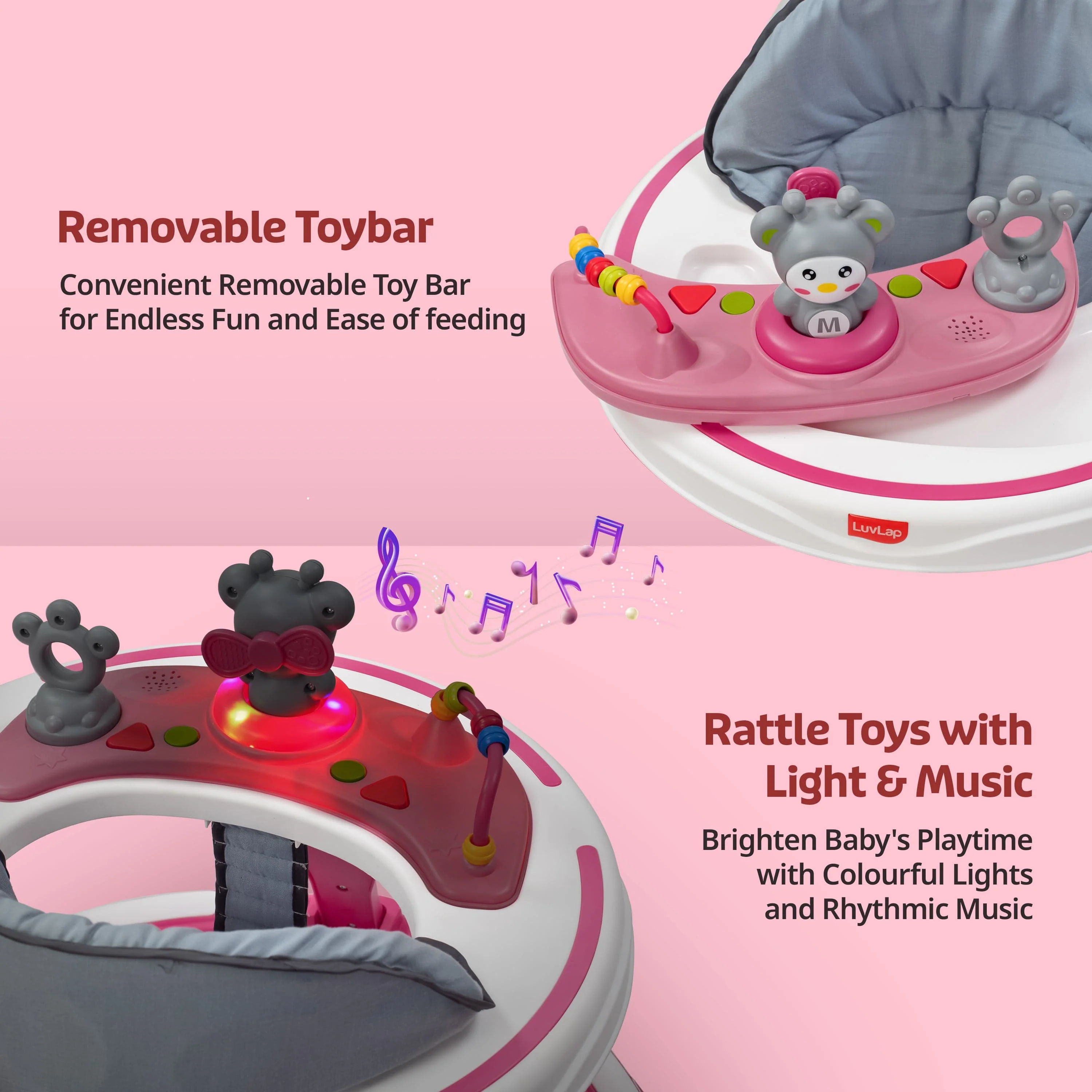LuvLap 360° Joy Baby Walker 9+ Months | 3 Level Height Adjustment Walker with Switchable Food & Musical Toy Tray/Advanced Baby Activity Walker, Pink - Image 5
