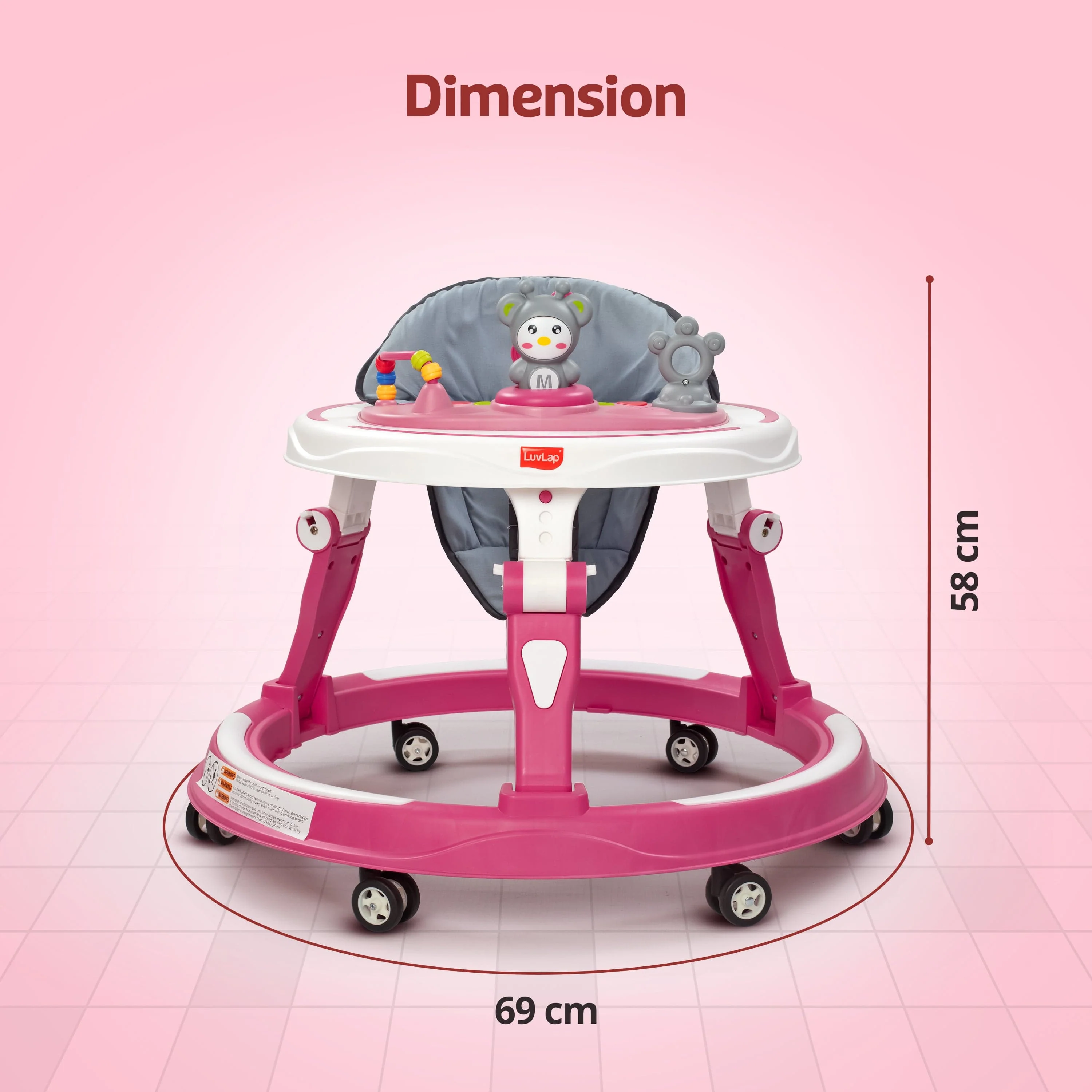LuvLap 360° Joy Baby Walker 9+ Months | 3 Level Height Adjustment Walker with Switchable Food & Musical Toy Tray/Advanced Baby Activity Walker, Pink - Image 8