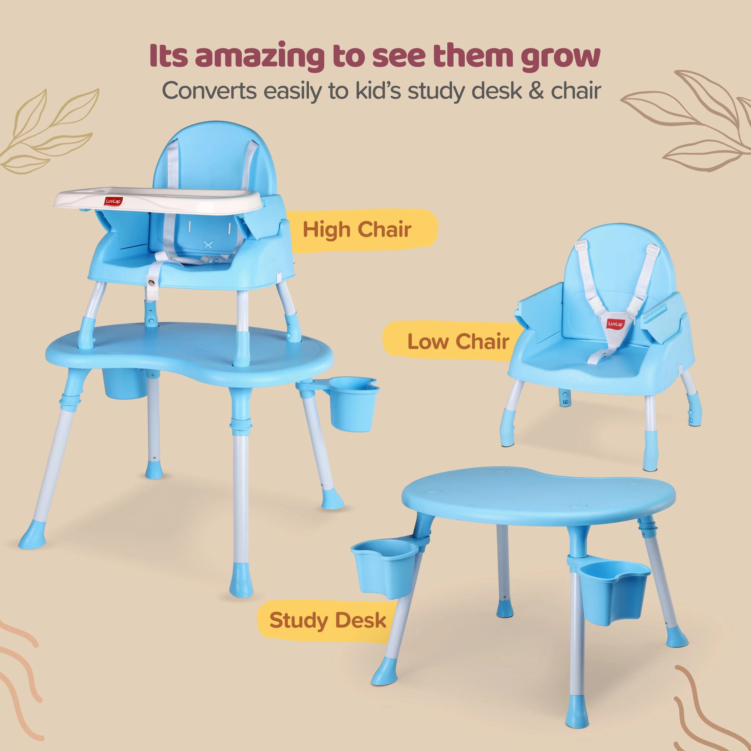 4 in 1 Convertible Baby High Chair with 3 Point Safety Belts, High Chair, Low Chair, Booster Chair and Table for Baby, Removable & Washable Food Tray 6 Months+ (Blue) - Image 3