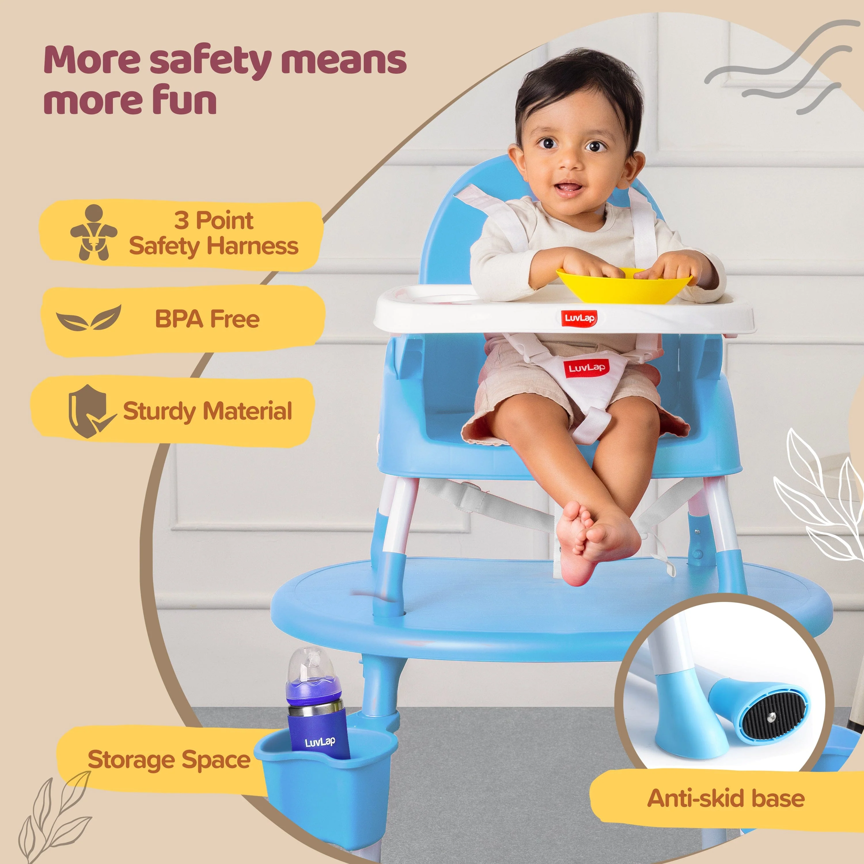4 in 1 Convertible Baby High Chair with 3 Point Safety Belts, High Chair, Low Chair, Booster Chair and Table for Baby, Removable & Washable Food Tray 6 Months+ (Blue) - Image 4