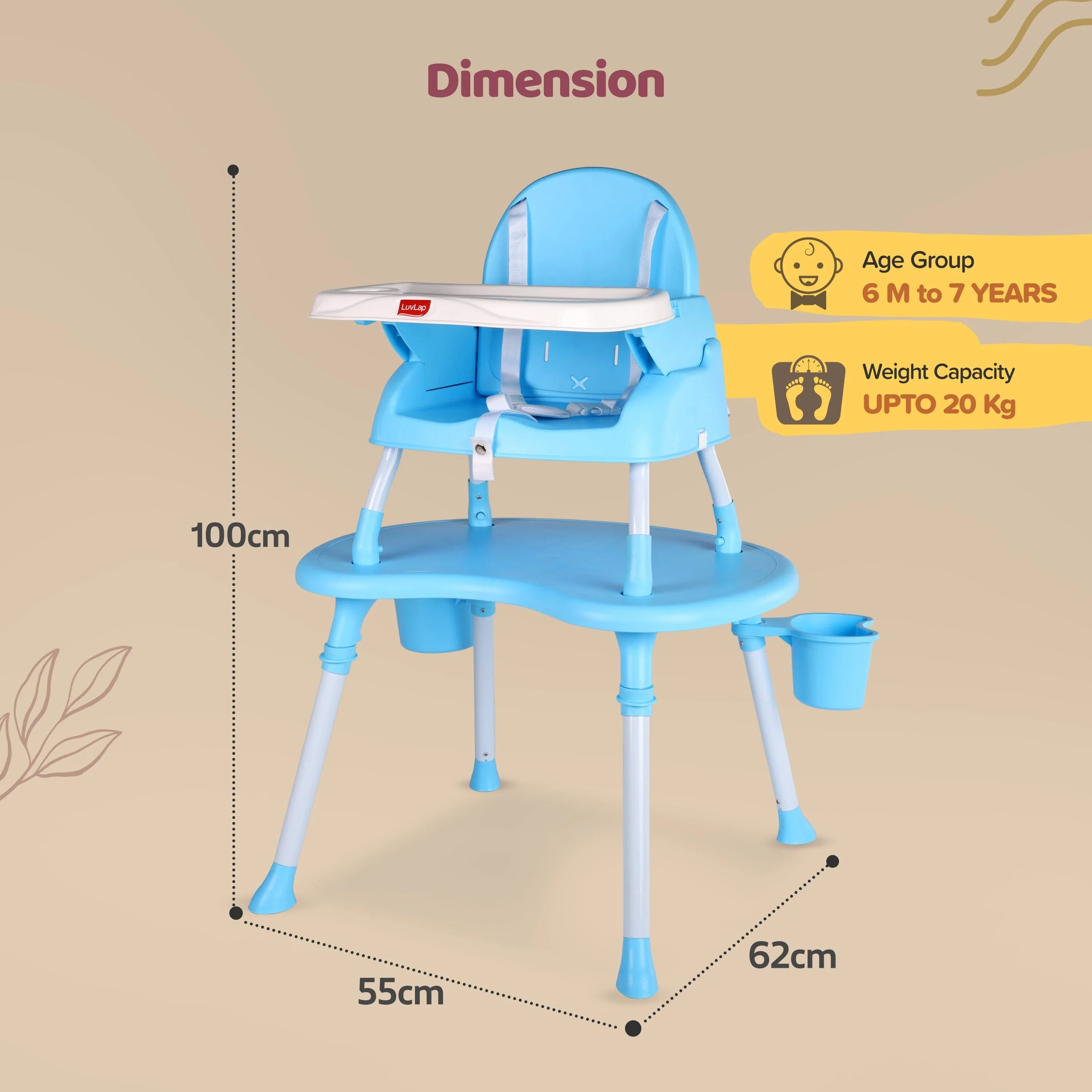 4 in 1 Convertible Baby High Chair with 3 Point Safety Belts, High Chair, Low Chair, Booster Chair and Table for Baby, Removable & Washable Food Tray 6 Months+ (Blue) - Image 7