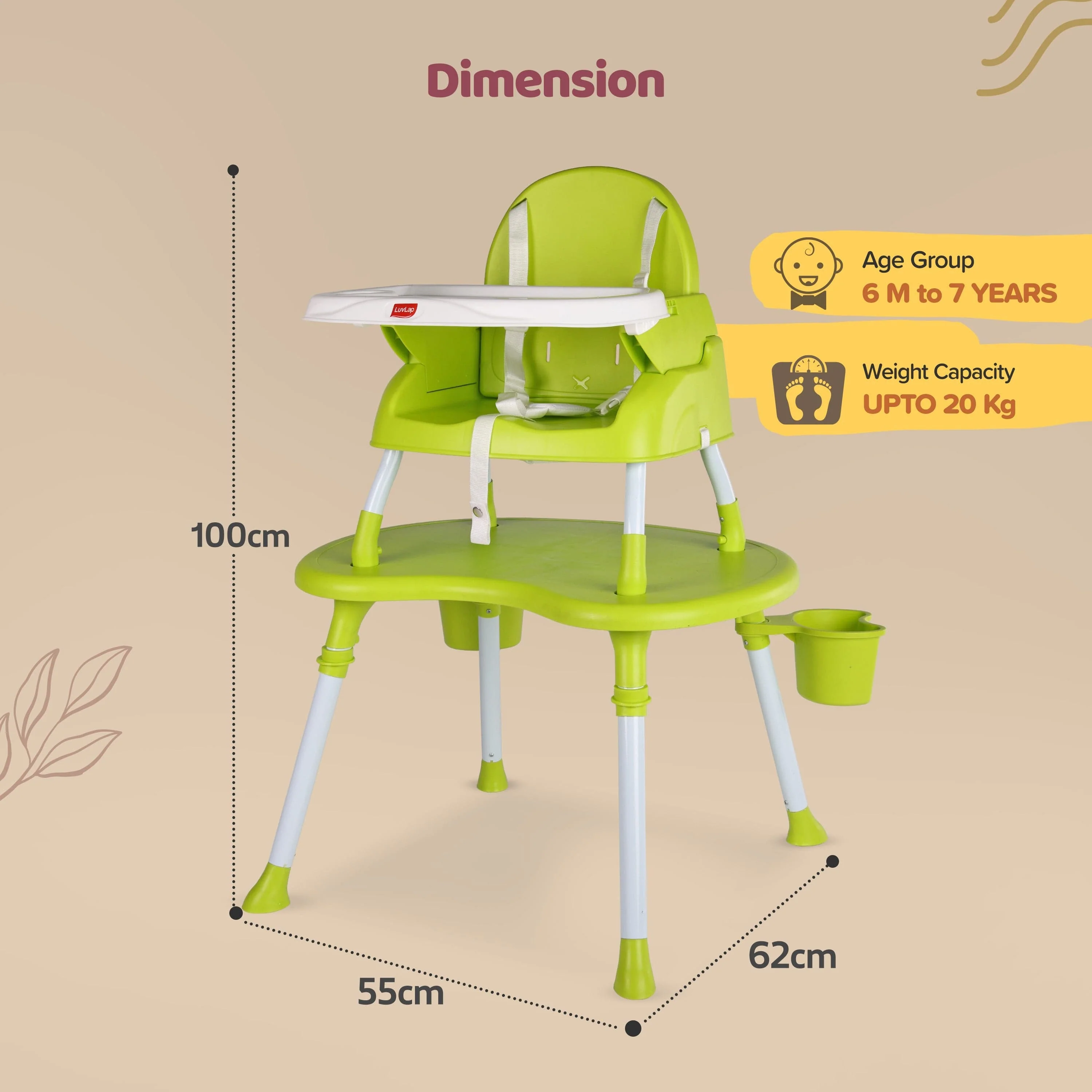 4 in 1 Convertible Baby High Chair with 3 point Safety belts, High Chair, Low Chair, Booster Chair and Table for baby, Removable & washable food tray 6 months+ (Green) - Image 10