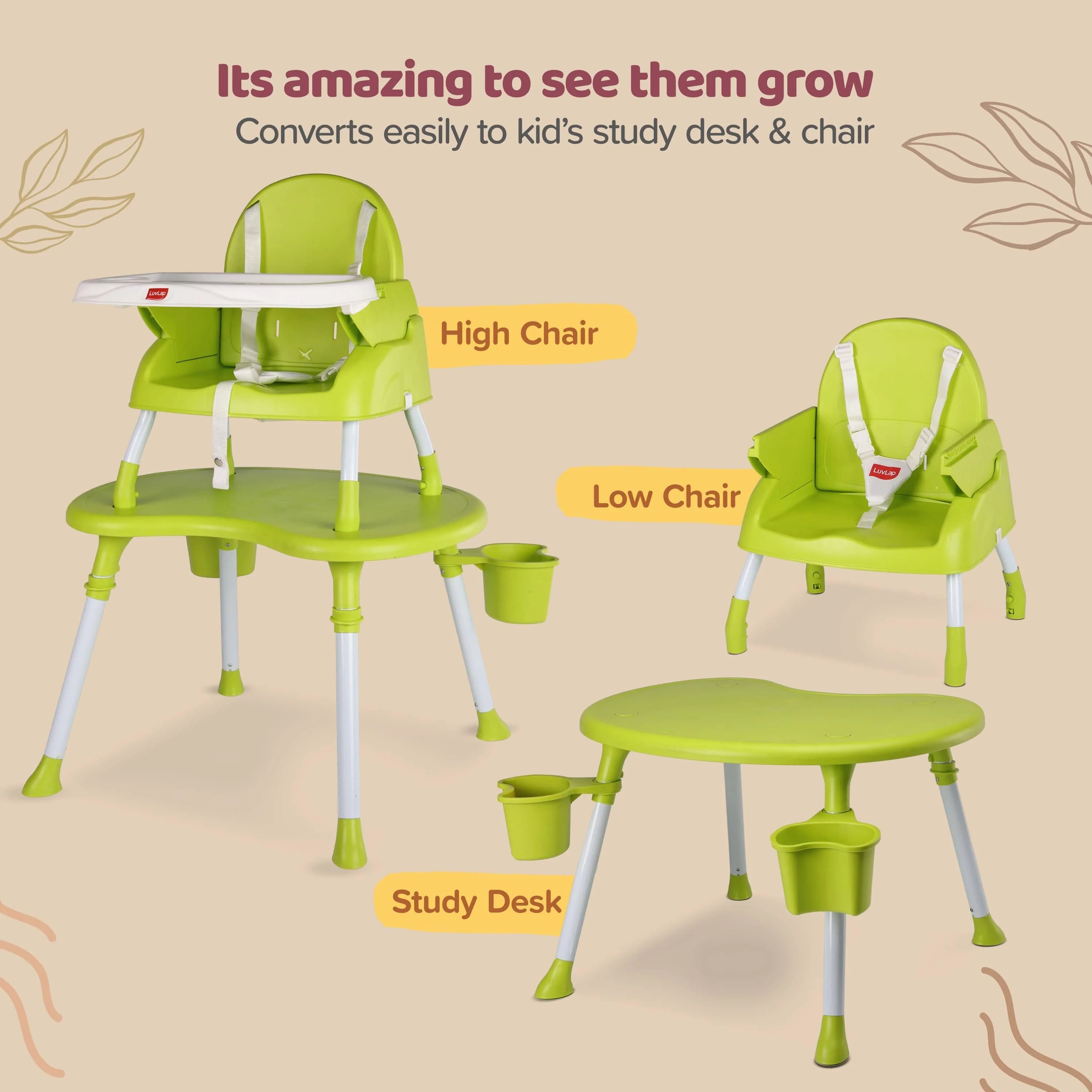 4 in 1 Convertible Baby High Chair with 3 point Safety belts, High Chair, Low Chair, Booster Chair and Table for baby, Removable & washable food tray 6 months+ (Green) - Image 7