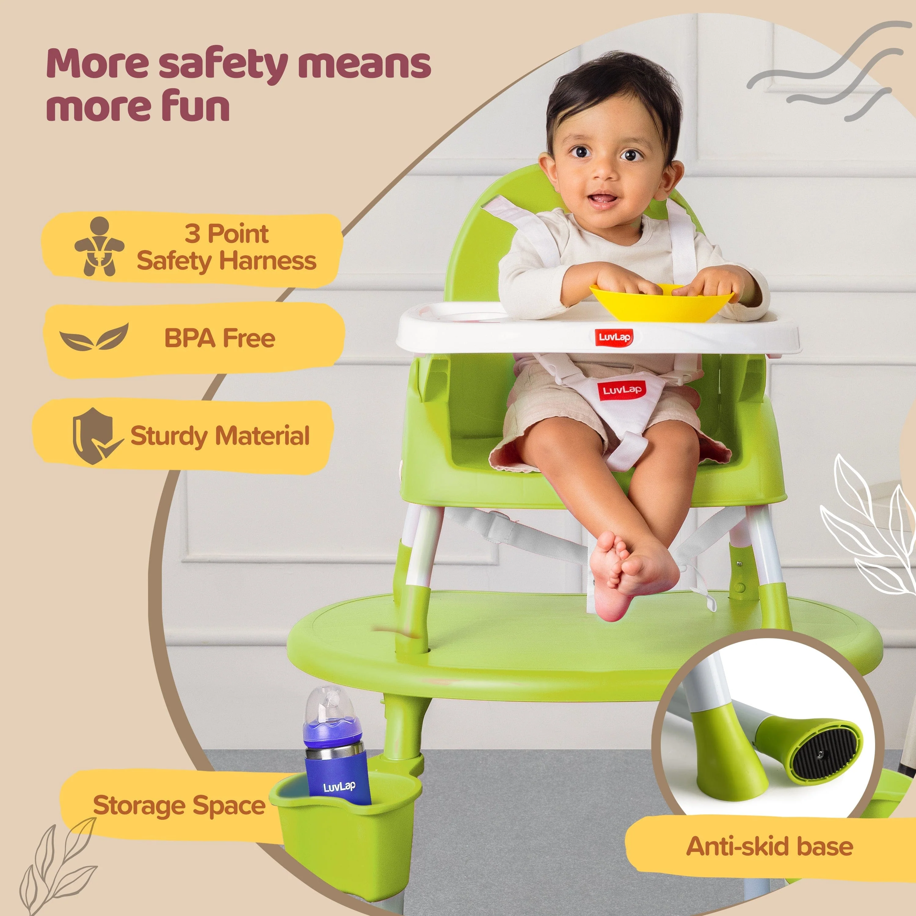 4 in 1 Convertible Baby High Chair with 3 point Safety belts, High Chair, Low Chair, Booster Chair and Table for baby, Removable & washable food tray 6 months+ (Green) - Image 8