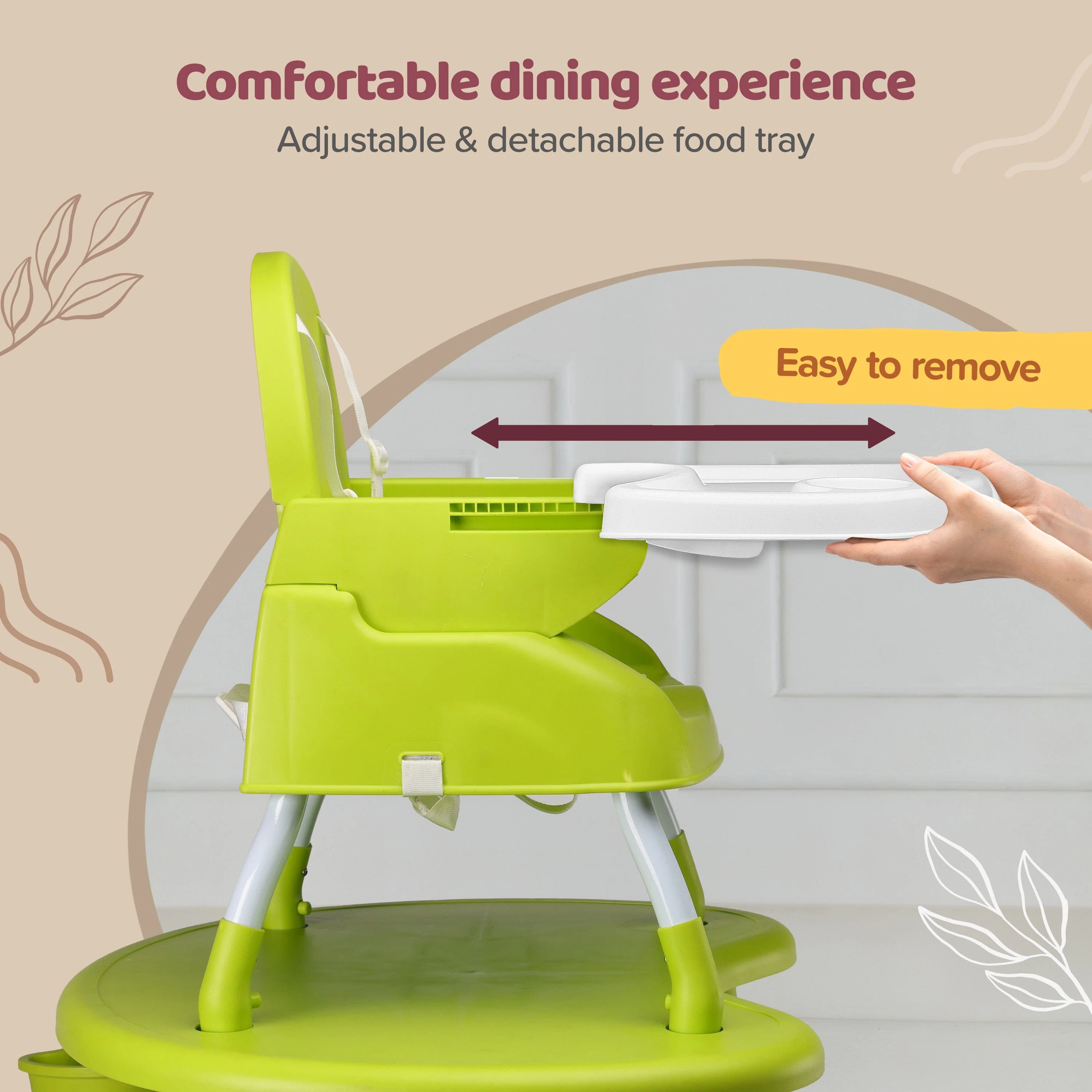 4 in 1 Convertible Baby High Chair with 3 point Safety belts, High Chair, Low Chair, Booster Chair and Table for baby, Removable & washable food tray 6 months+ (Green) - Image 9