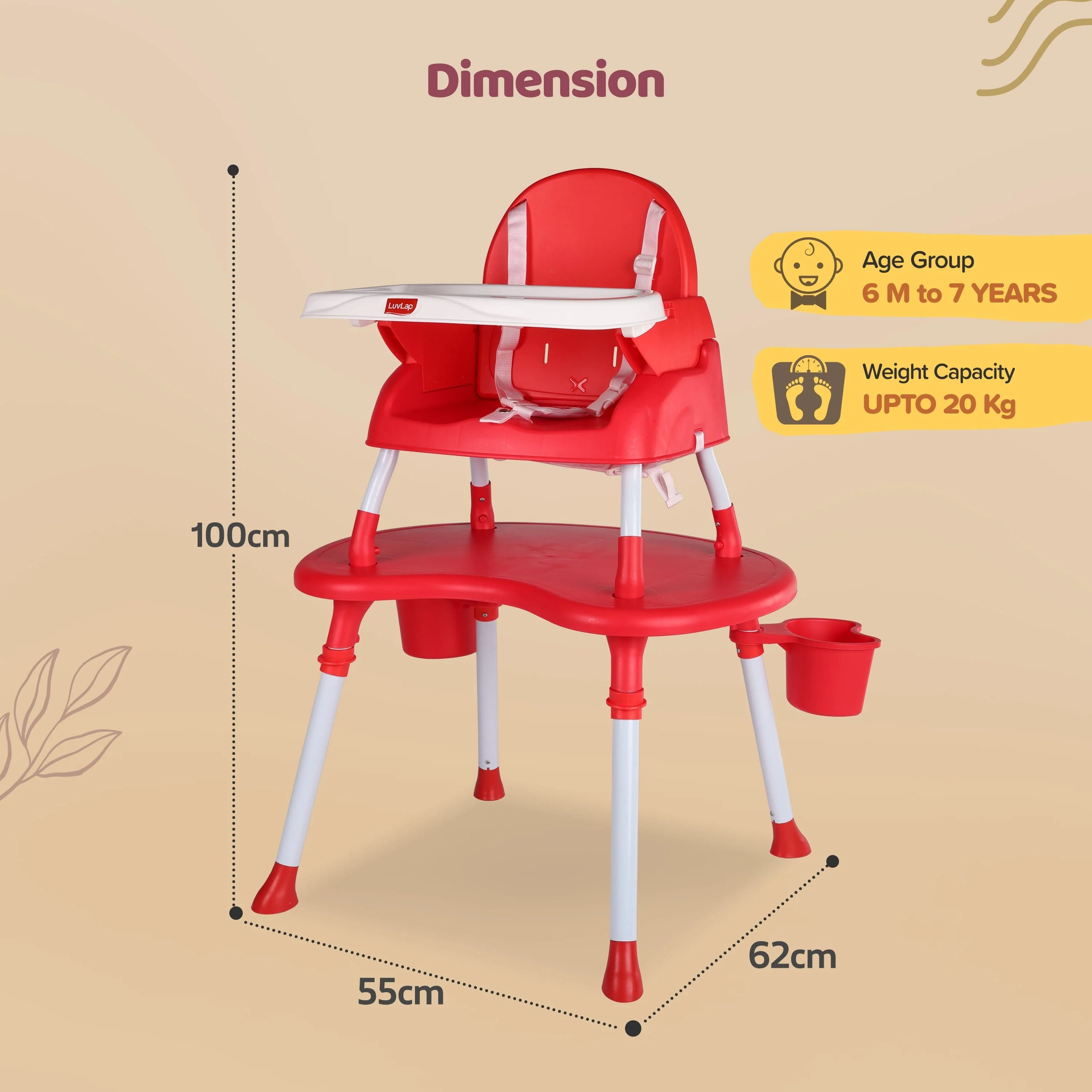 4 in 1 Convertible Baby High Chair with 3 Point Safety Belts, High Chair, Low Chair, Booster Chair and Table for Baby, Removable & Washable Food Tray 6 Months+ (Red) - Image 10