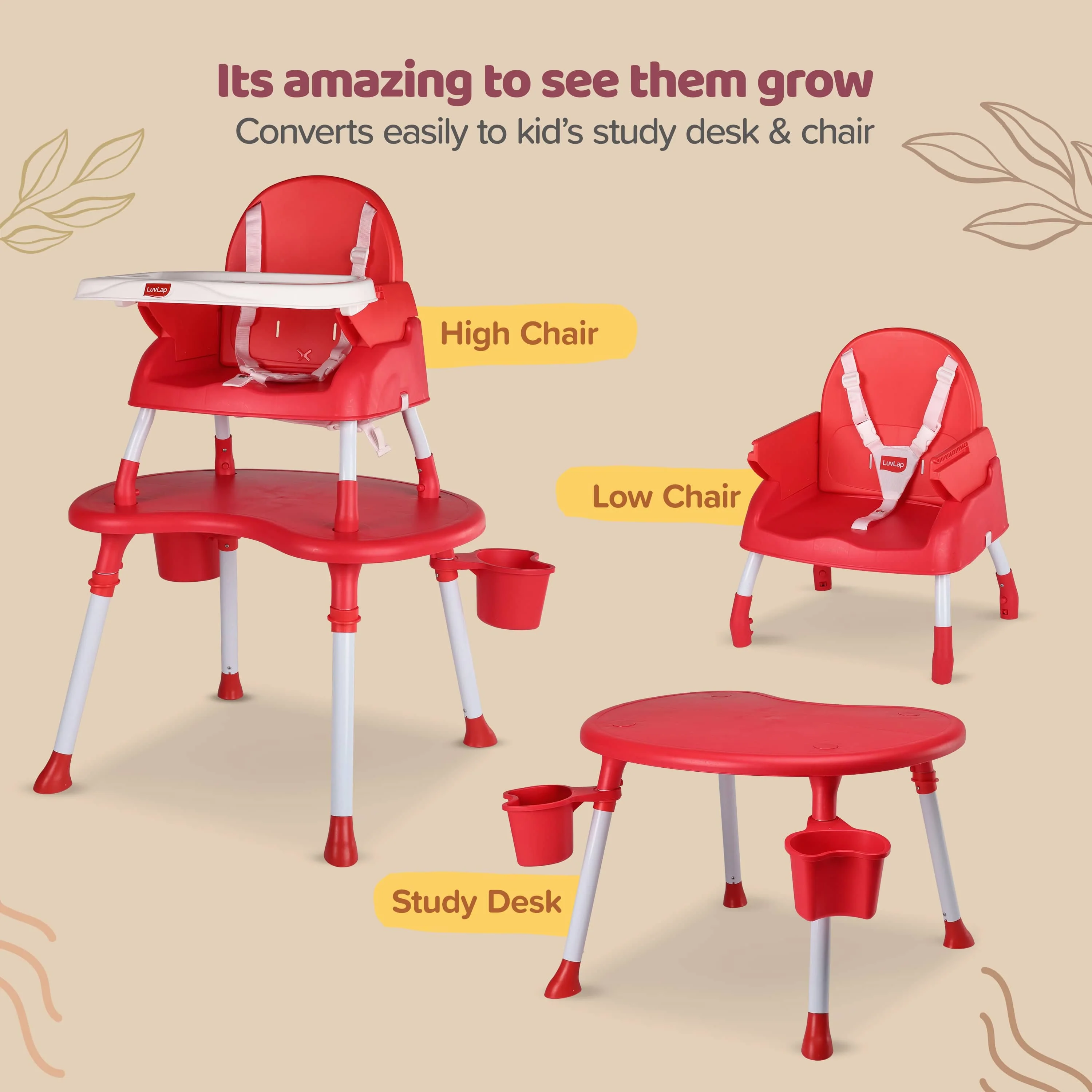 4 in 1 Convertible Baby High Chair with 3 Point Safety Belts, High Chair, Low Chair, Booster Chair and Table for Baby, Removable & Washable Food Tray 6 Months+ (Red) - Image 3