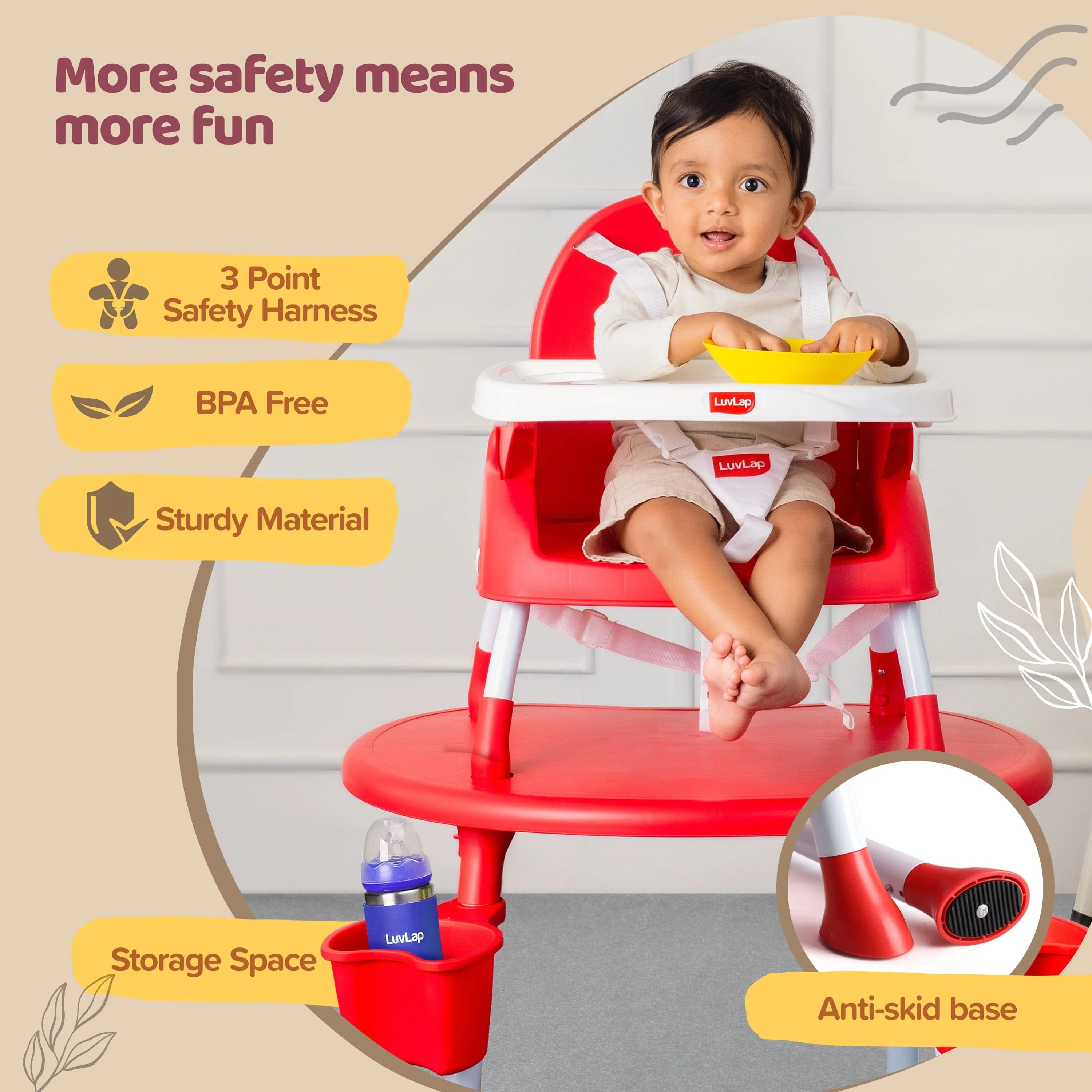 4 in 1 Convertible Baby High Chair with 3 Point Safety Belts, High Chair, Low Chair, Booster Chair and Table for Baby, Removable & Washable Food Tray 6 Months+ (Red) - Image 8