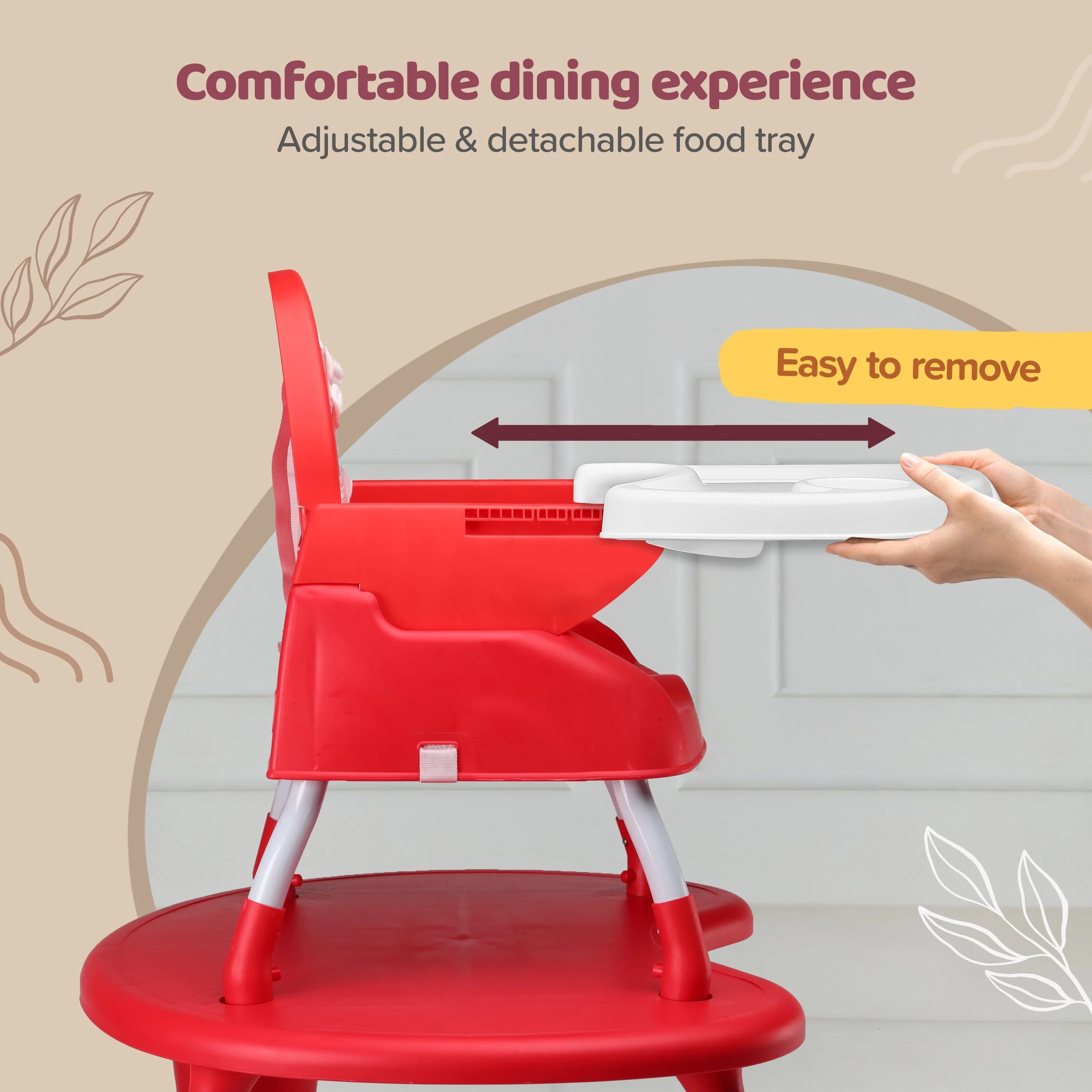 4 in 1 Convertible Baby High Chair with 3 Point Safety Belts, High Chair, Low Chair, Booster Chair and Table for Baby, Removable & Washable Food Tray 6 Months+ (Red) - Image 9