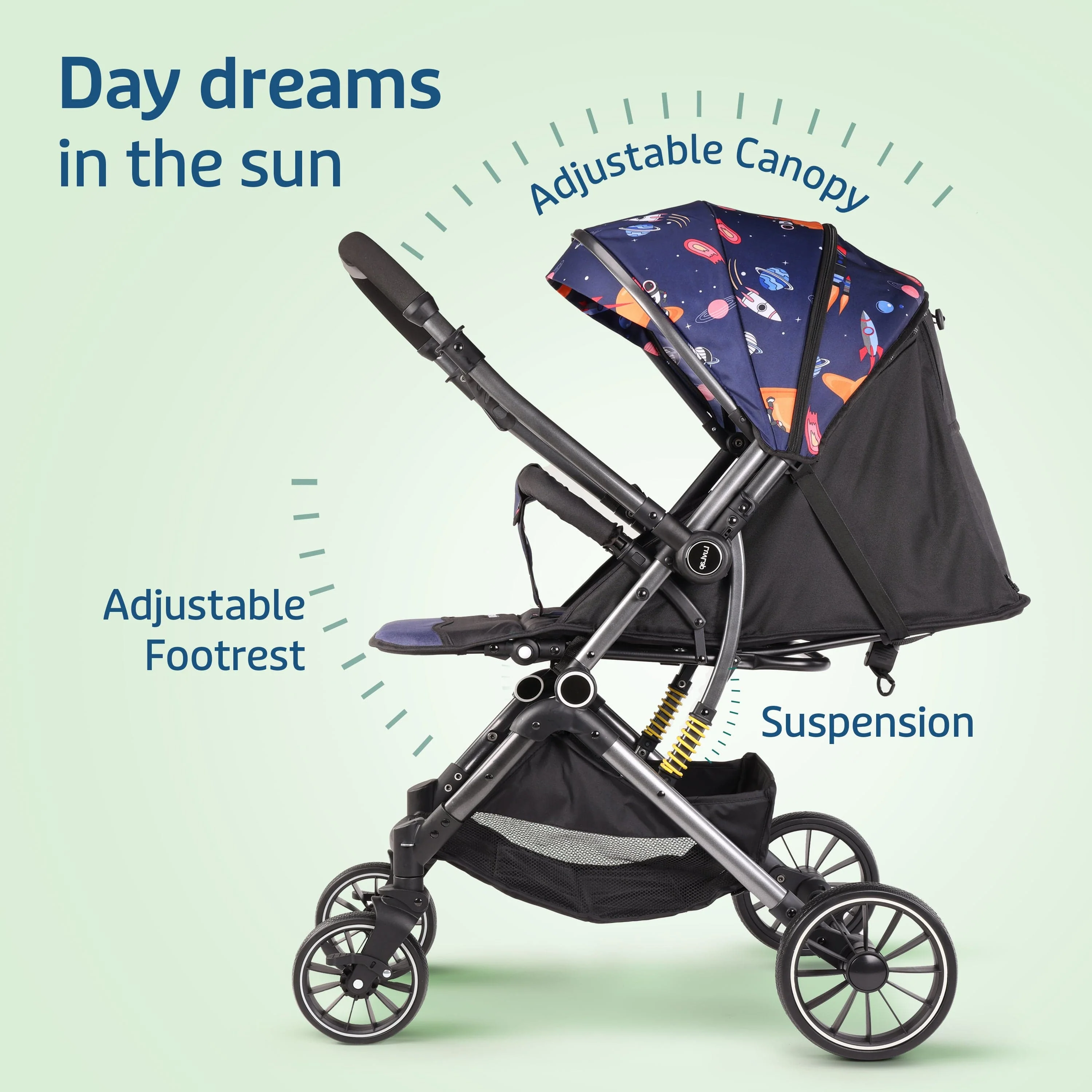 Alpha Baby Stroller/Pram, One Fold, Travel Friendly, 5 Point Safety Harness, Reversible Handle bar, Multilevel Recline & Adjustable footrest, Extendable Canopy, for Babies 0-3 Years (Blue) - Image 3