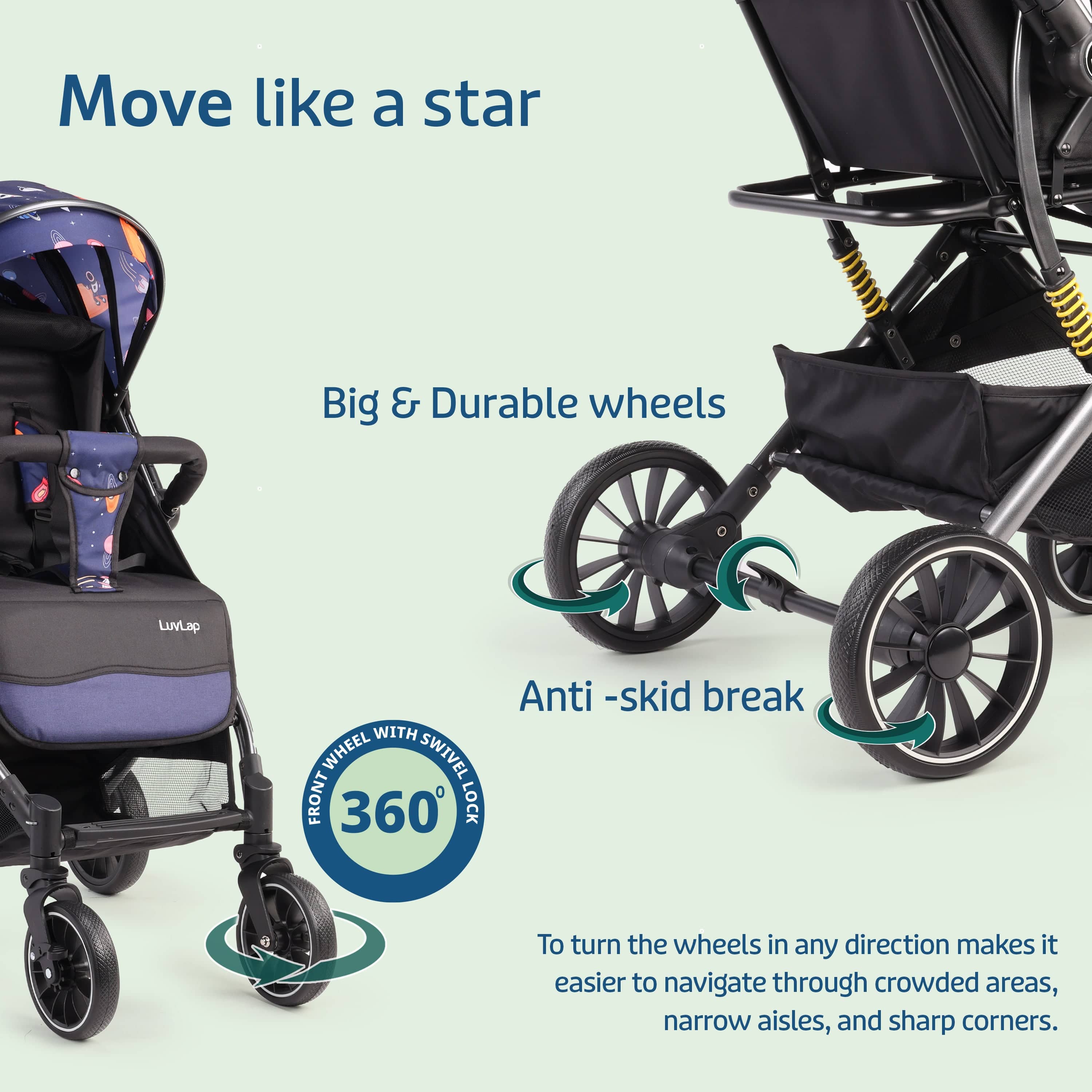 Alpha Baby Stroller/Pram, One Fold, Travel Friendly, 5 Point Safety Harness, Reversible Handle bar, Multilevel Recline & Adjustable footrest, Extendable Canopy, for Babies 0-3 Years (Blue) - Image 4