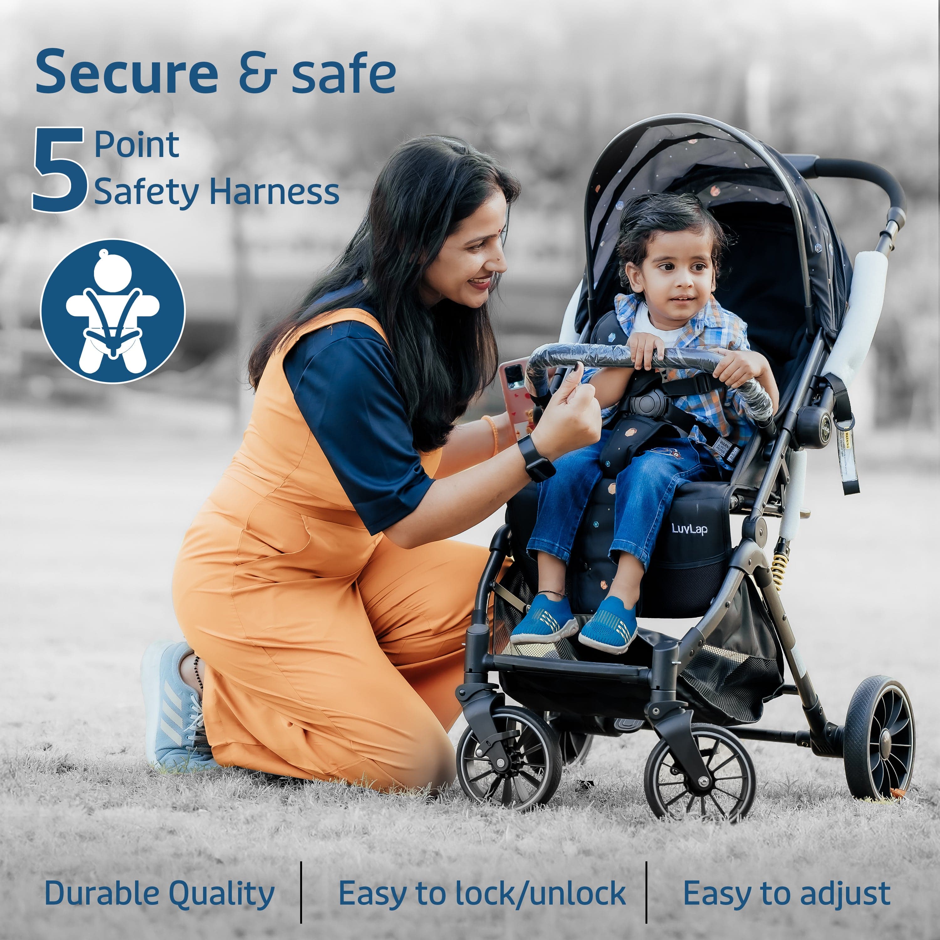 Alpha Baby Stroller/Pram, One Fold, Travel Friendly, 5 Point Safety Harness, Reversible Handle bar, Multilevel Recline & Adjustable footrest, Extendable Canopy, for Babies 0-3 Years (Blue) - Image 6